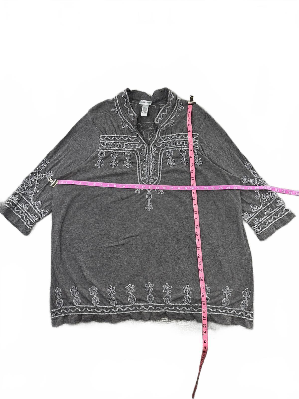 Catherines Gray Embroidered Boho Tunic Top Vintage Inspired Casual