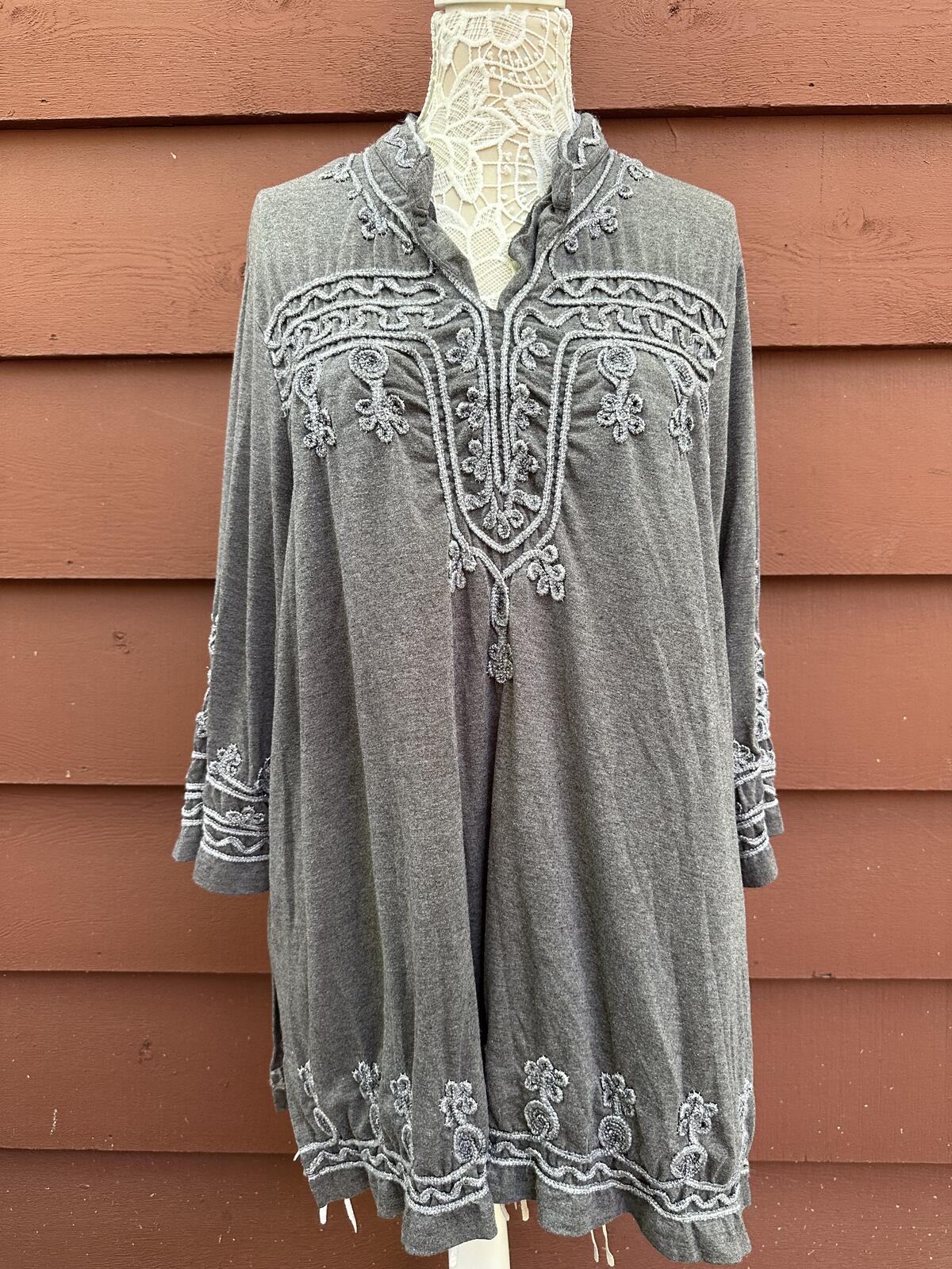 Catherines Gray Embroidered Boho Tunic Top Vintage Inspired Casual