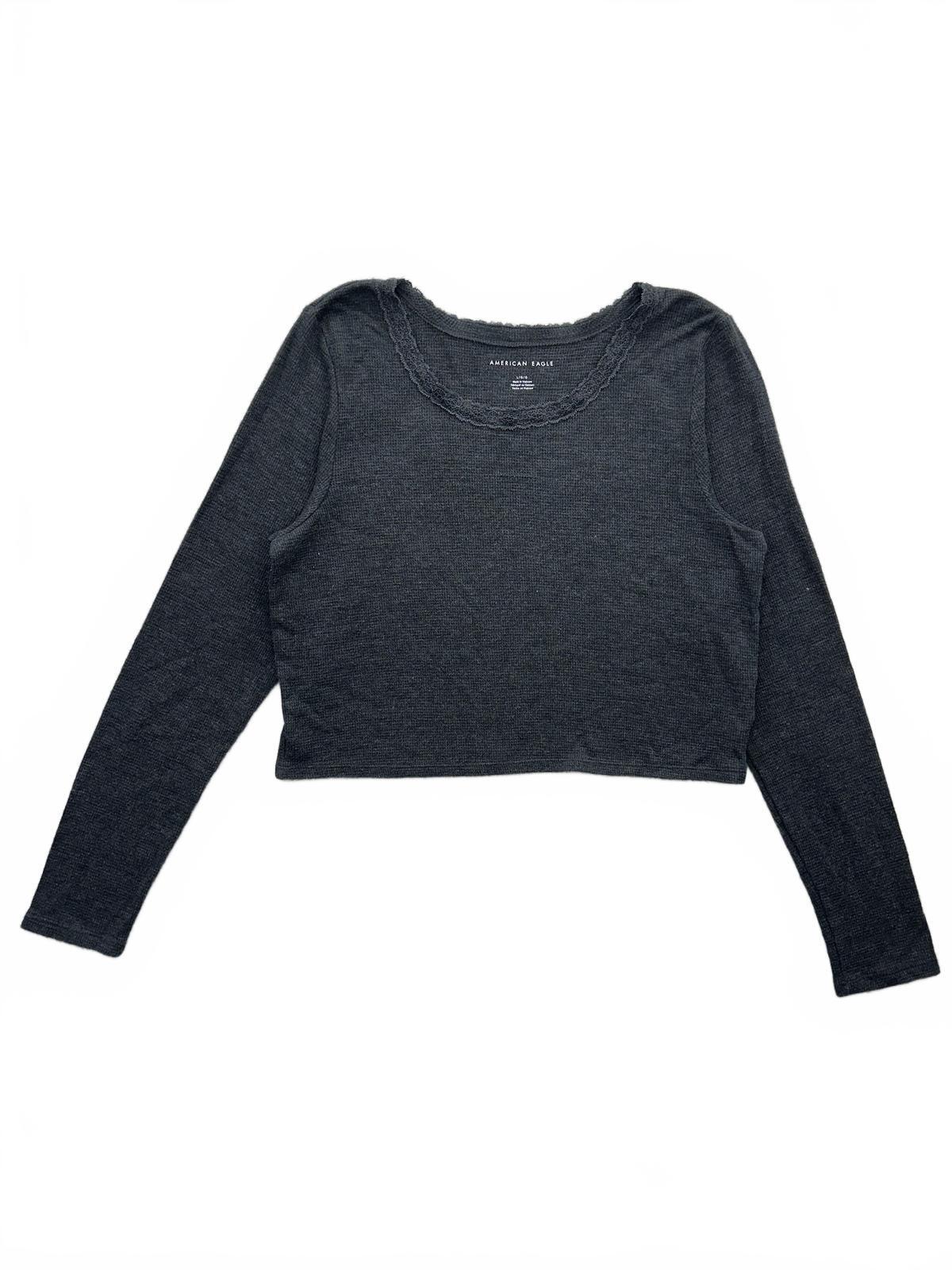 American Eagle Cropped Thermal Top Gray Long Sleeve Lace Trim