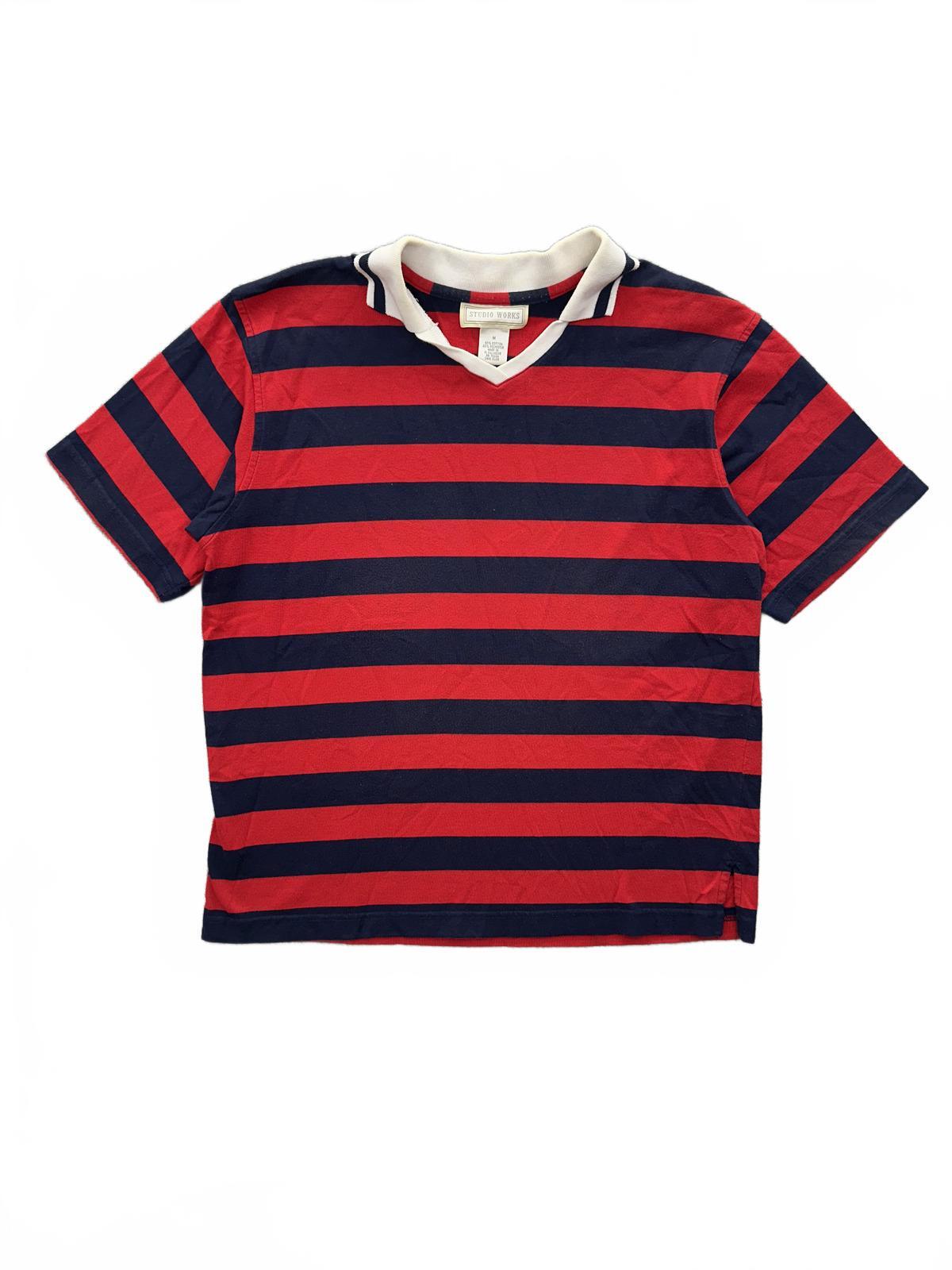 Studio Works Vintage Style Red and Navy Striped Polo Shirt with White Collar