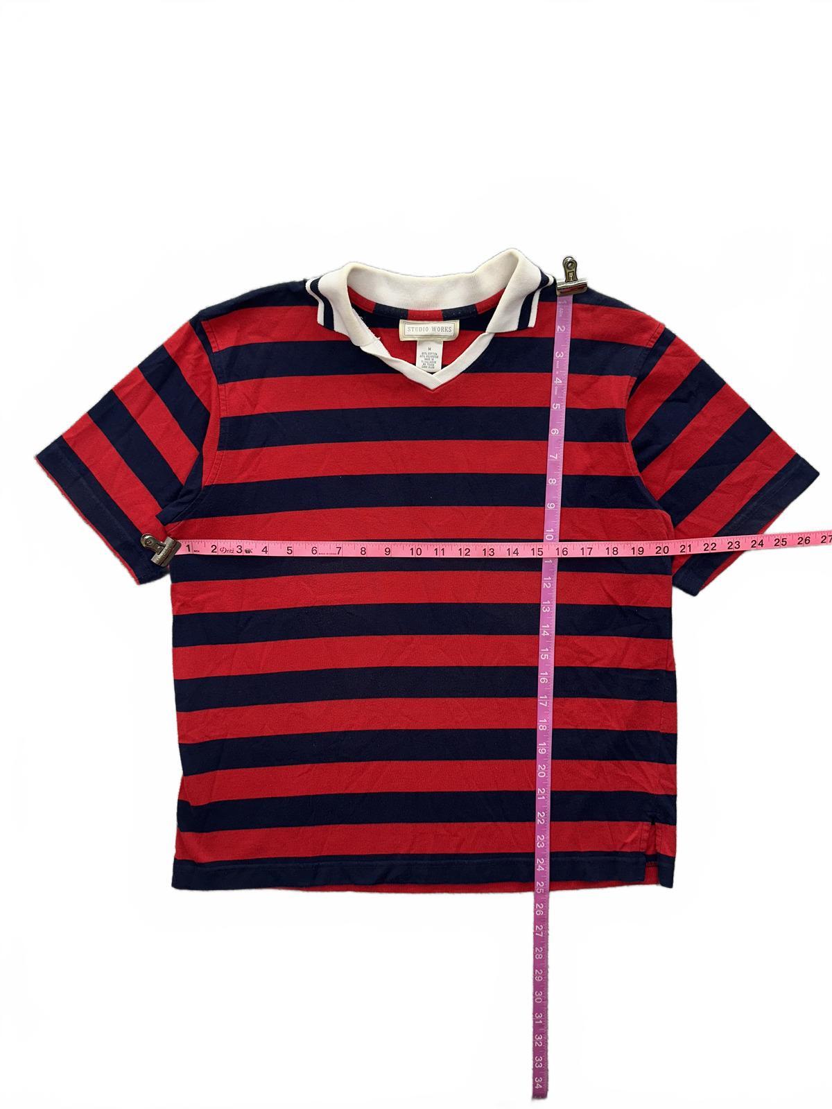 Studio Works Vintage Style Red and Navy Striped Polo Shirt with White Collar