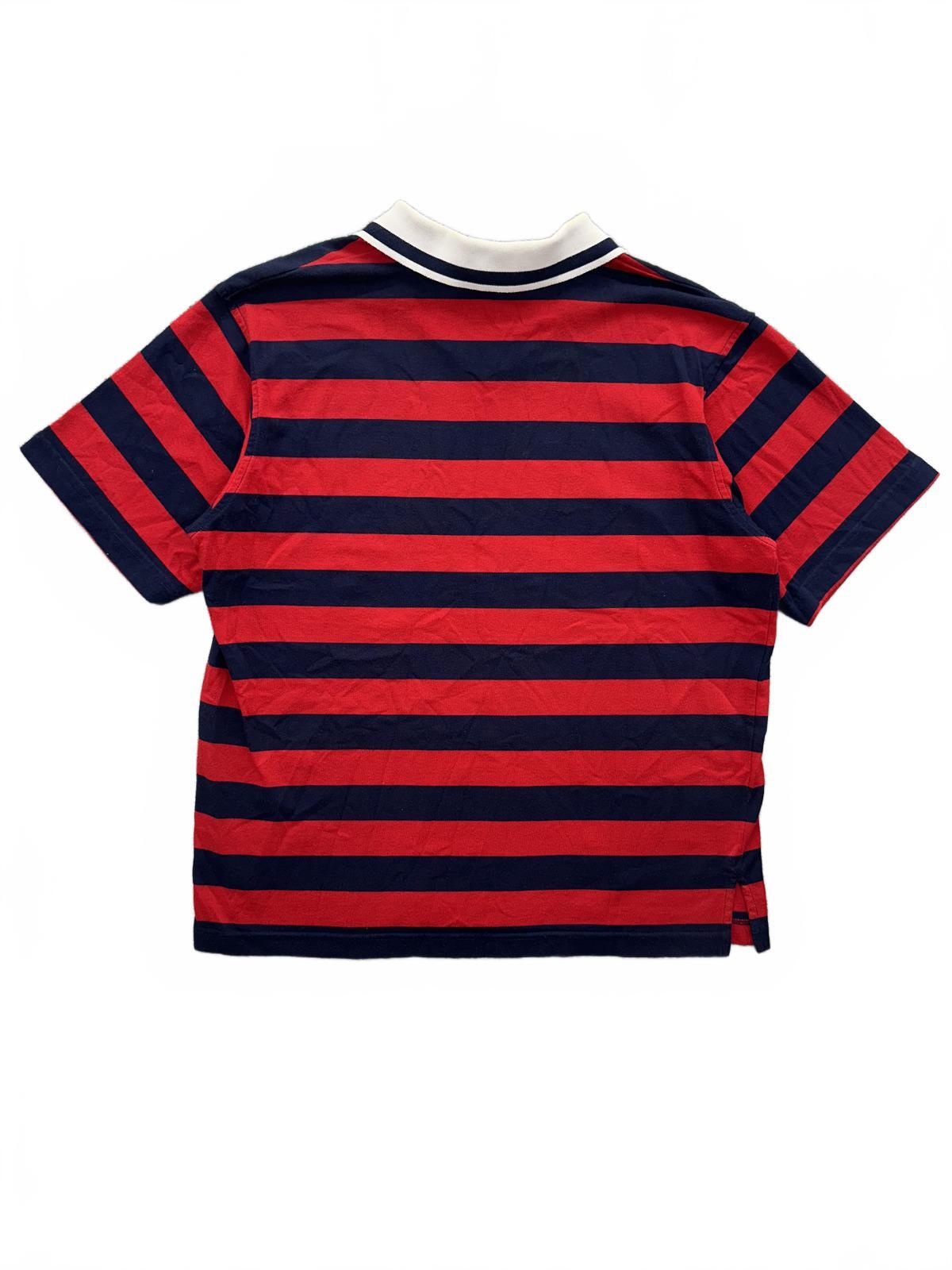 Studio Works Vintage Style Red and Navy Striped Polo Shirt with White Collar