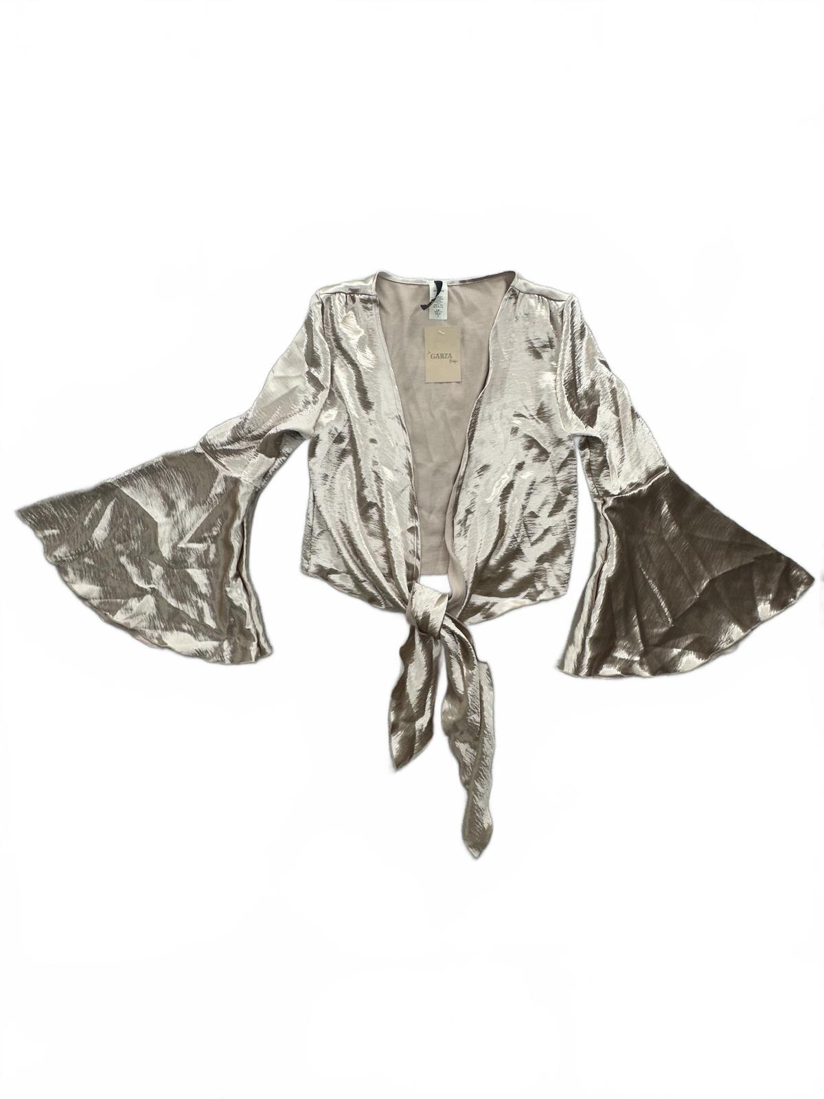NWT La Garza Boutique Metallic Bell Sleeve Tie Front Blouse