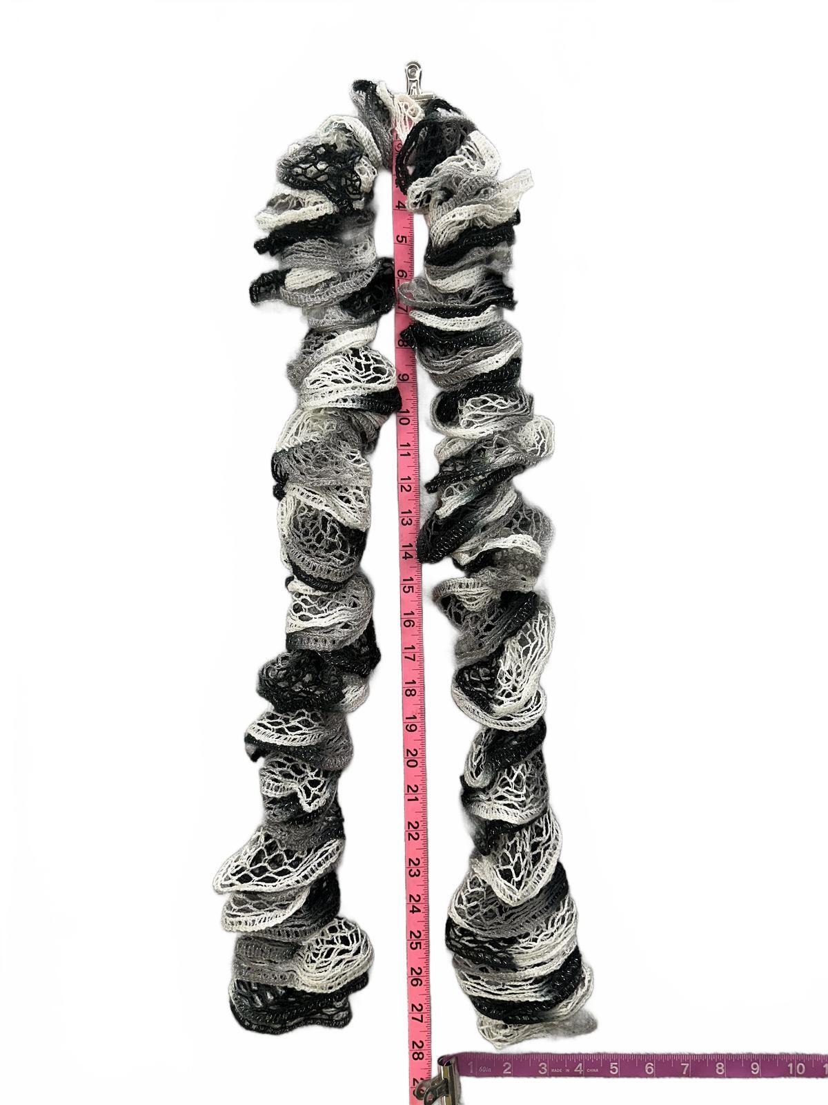 Handmade Ruffled Crochet Scarf Black White Gray Unique Textured