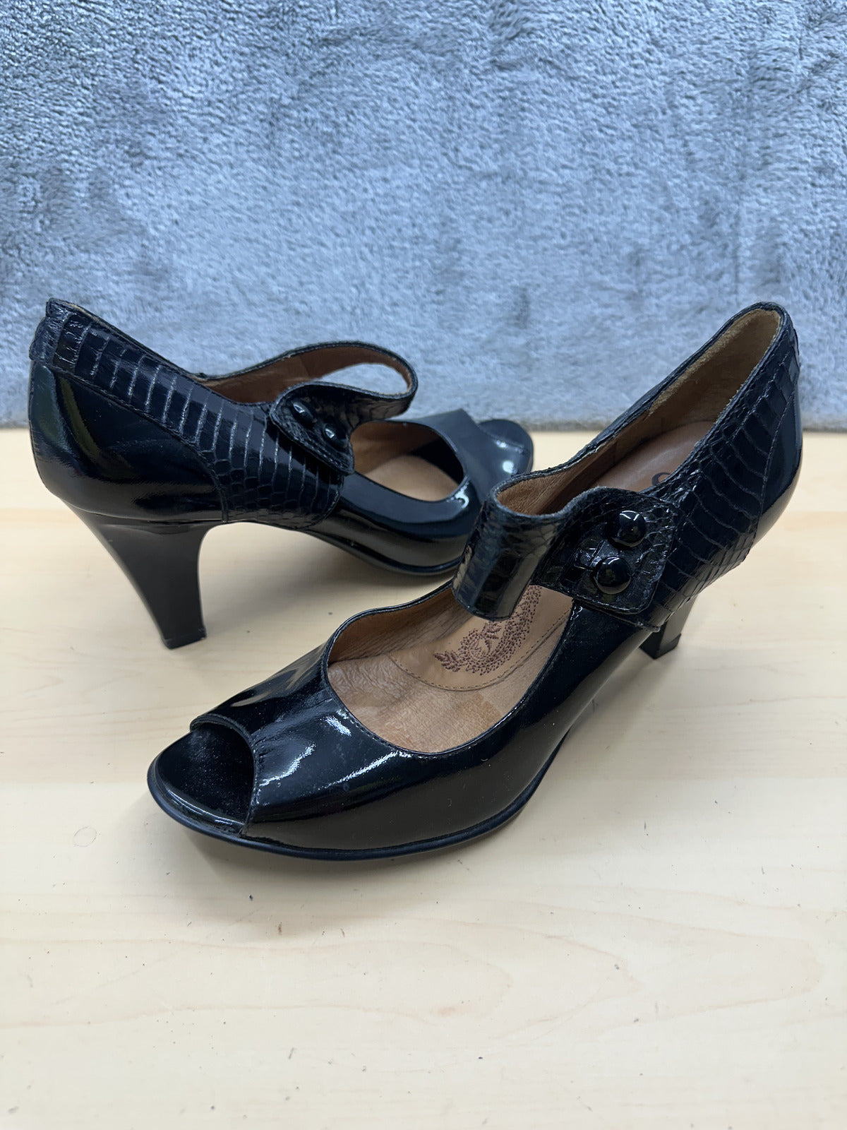 Söfft Black Patent Leather Peep Toe Heels with Croc Embossed Strap