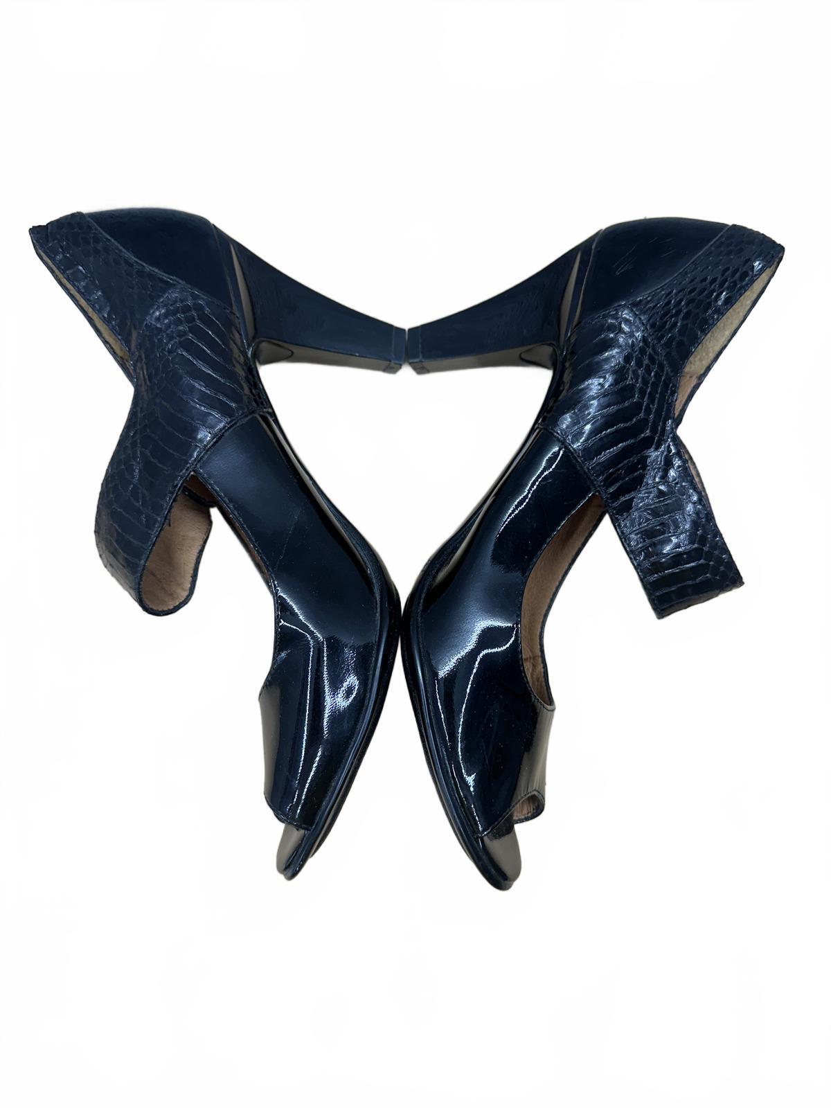 Söfft Black Patent Leather Peep Toe Heels with Croc Embossed Strap