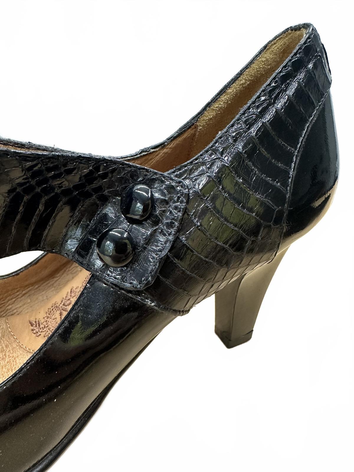 Söfft Black Patent Leather Peep Toe Heels with Croc Embossed Strap