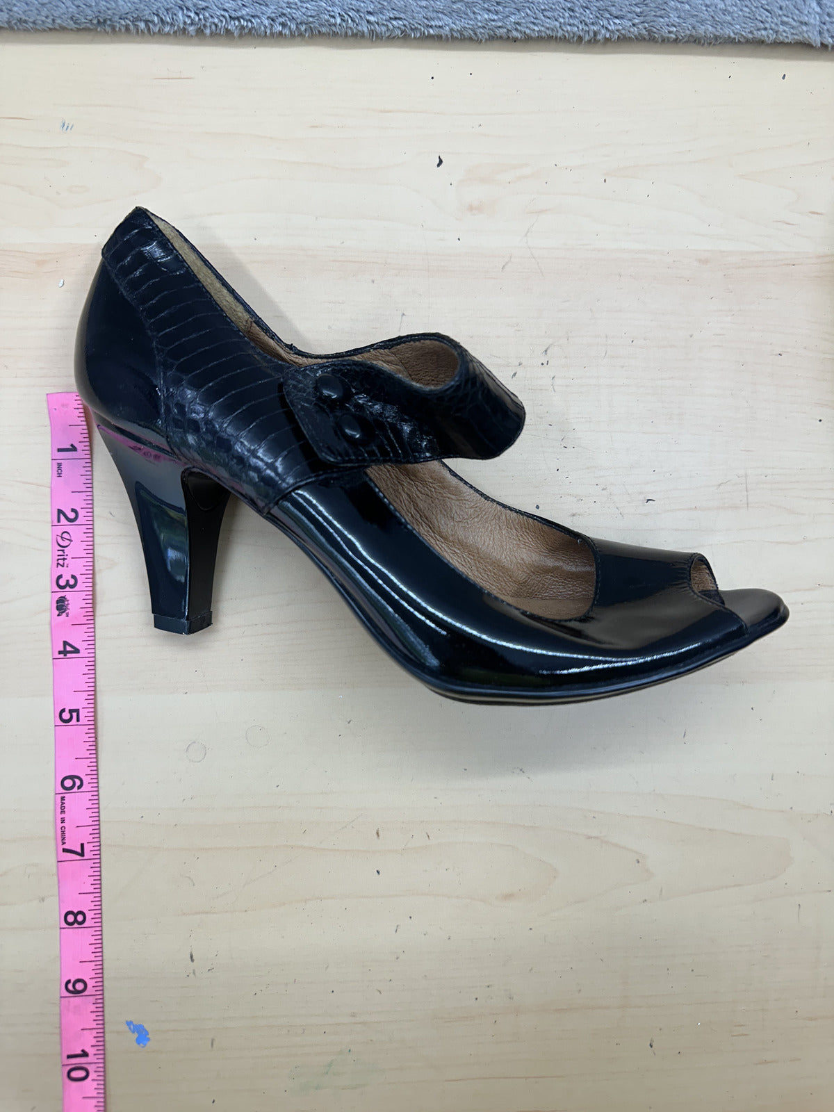 Söfft Black Patent Leather Peep Toe Heels with Croc Embossed Strap
