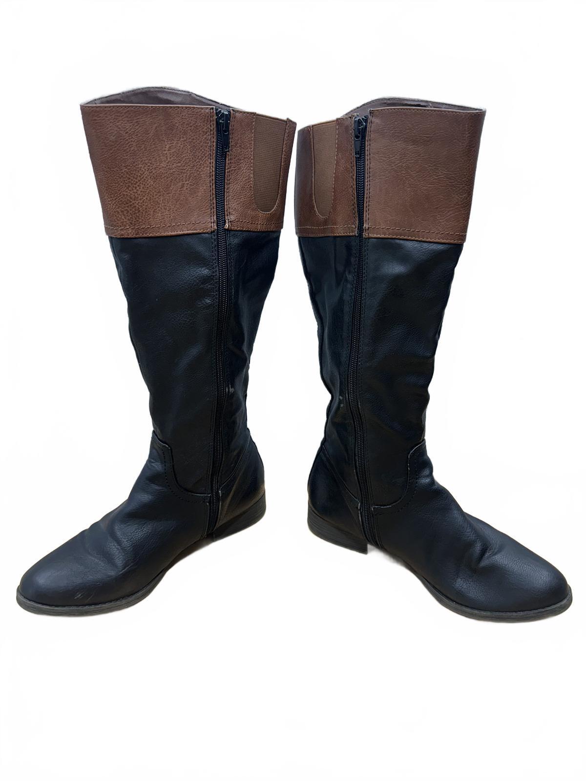 Faded Glory Two Tone Riding Boots Black Brown Synthetic Knee High Boots