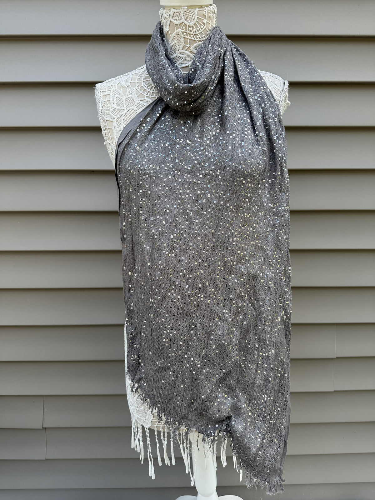 Gray Sequin Scarf Glamorous Sparkling Wrap with Fringe Edges