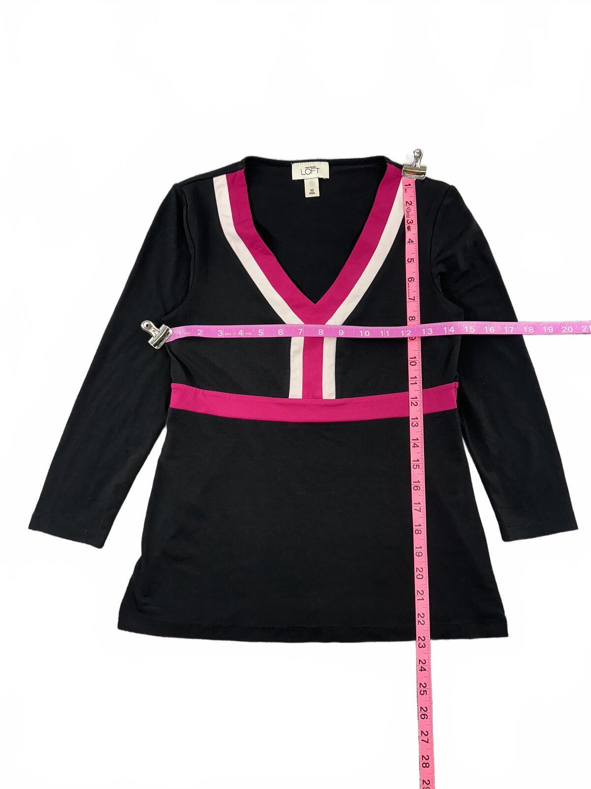 Ann Taylor LOFT Black Long Sleeve Colorblock Top with Pink and White V Neck