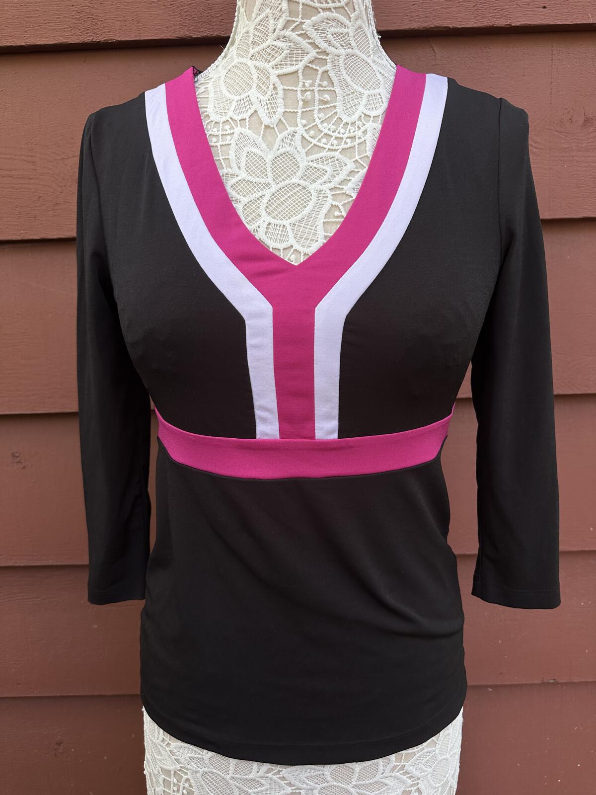 Ann Taylor LOFT Black Long Sleeve Colorblock Top with Pink and White V Neck