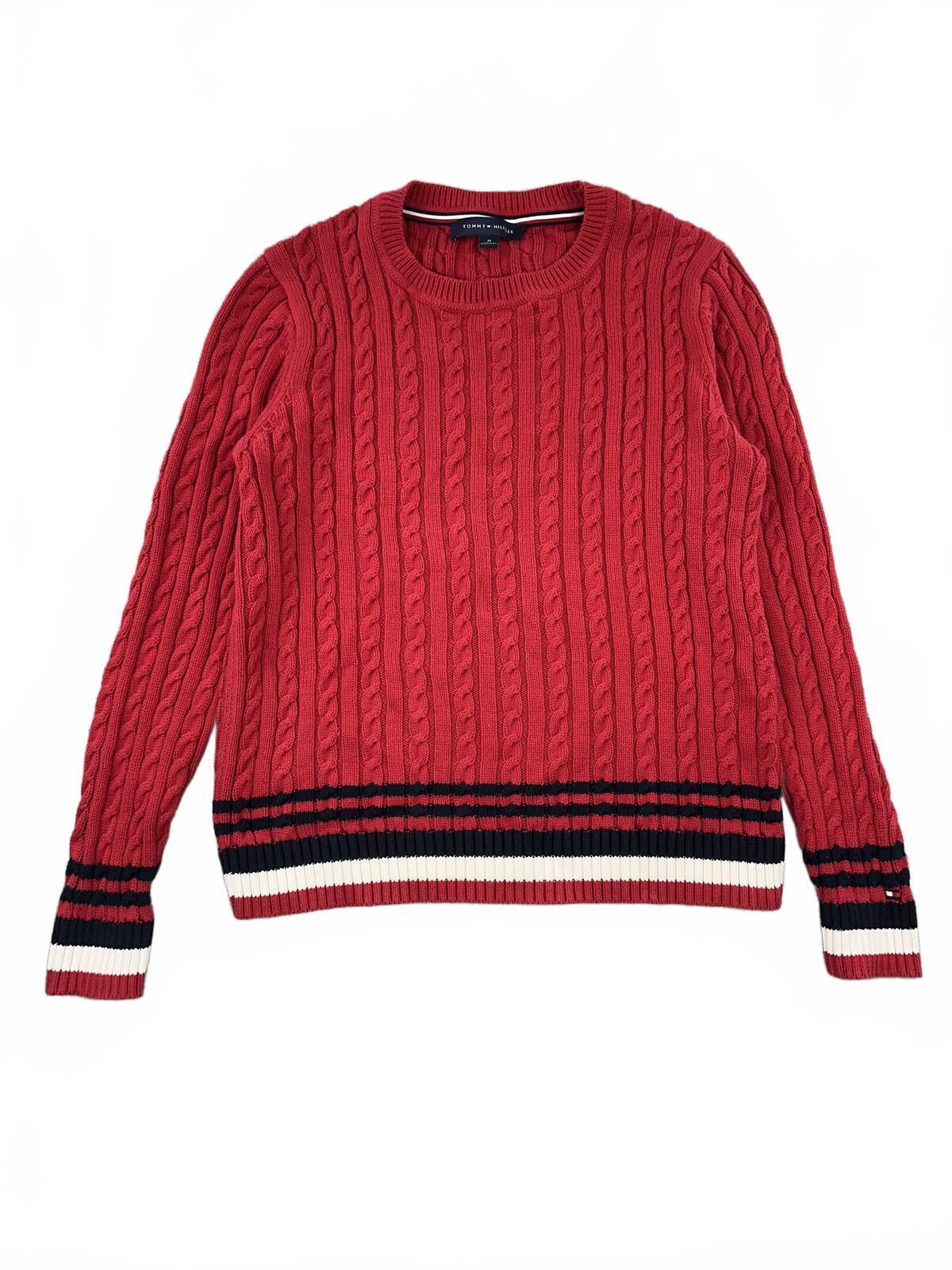 Tommy Hilfiger Red Cable Knit Sweater Preppy Collegiate Vintage Y2K