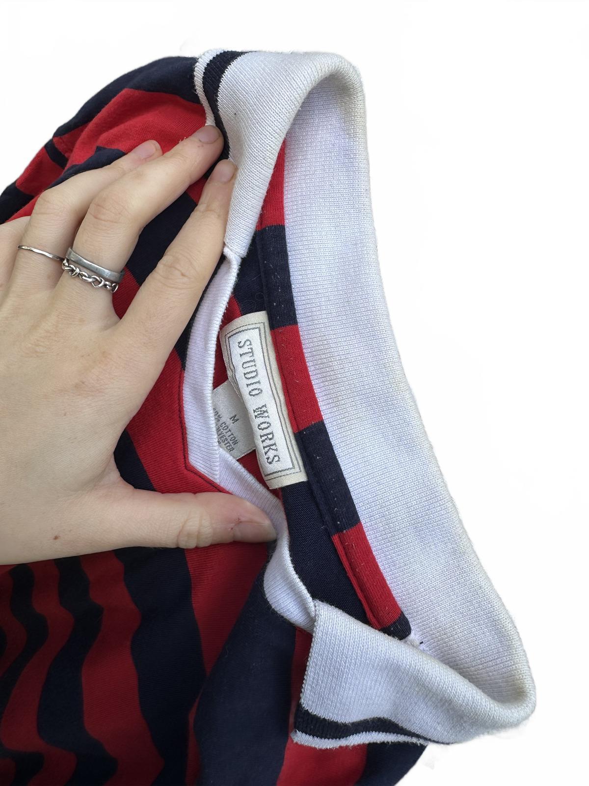 Studio Works Vintage Style Red and Navy Striped Polo Shirt with White Collar