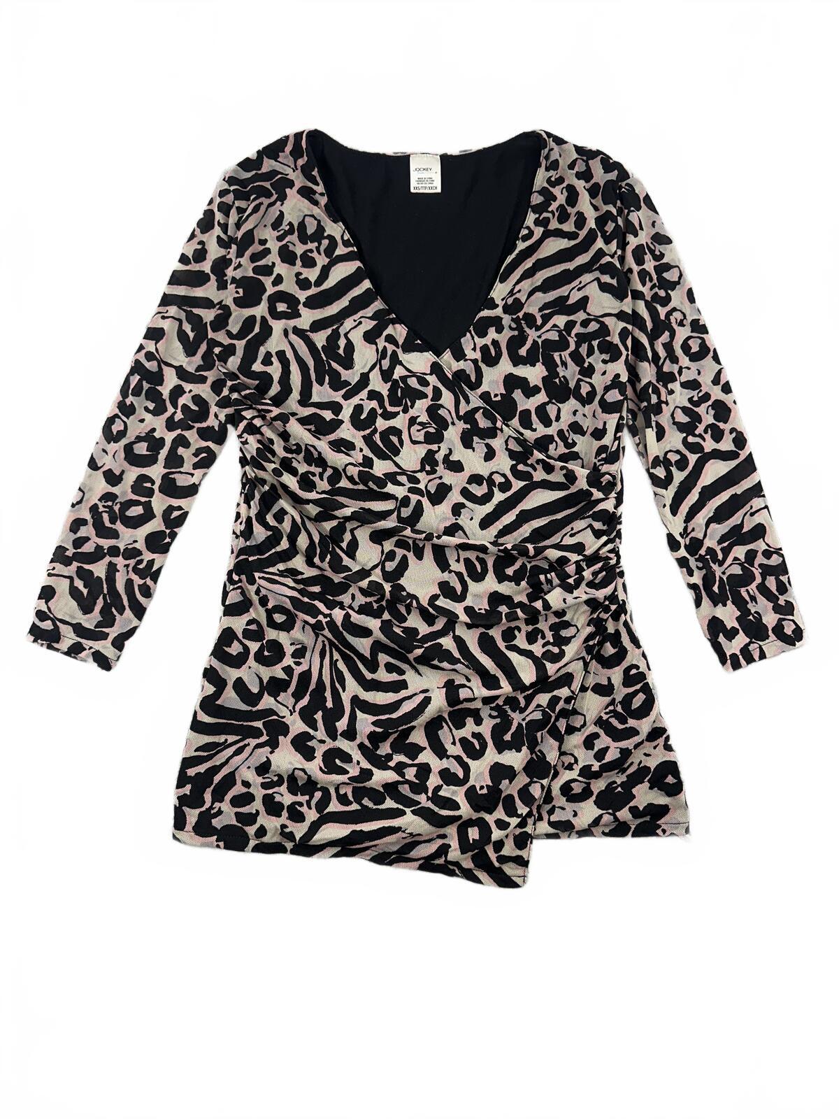 Jockey Y2K Animal Print Ruched Wrap Top Black Beige