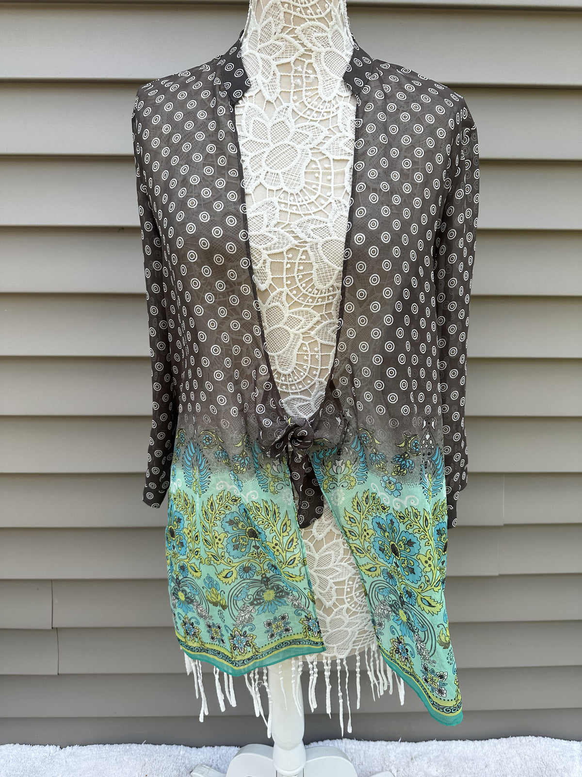 Coldwater Creek Bohemian Sheer Kimono Jacket with Turquoise Floral Border