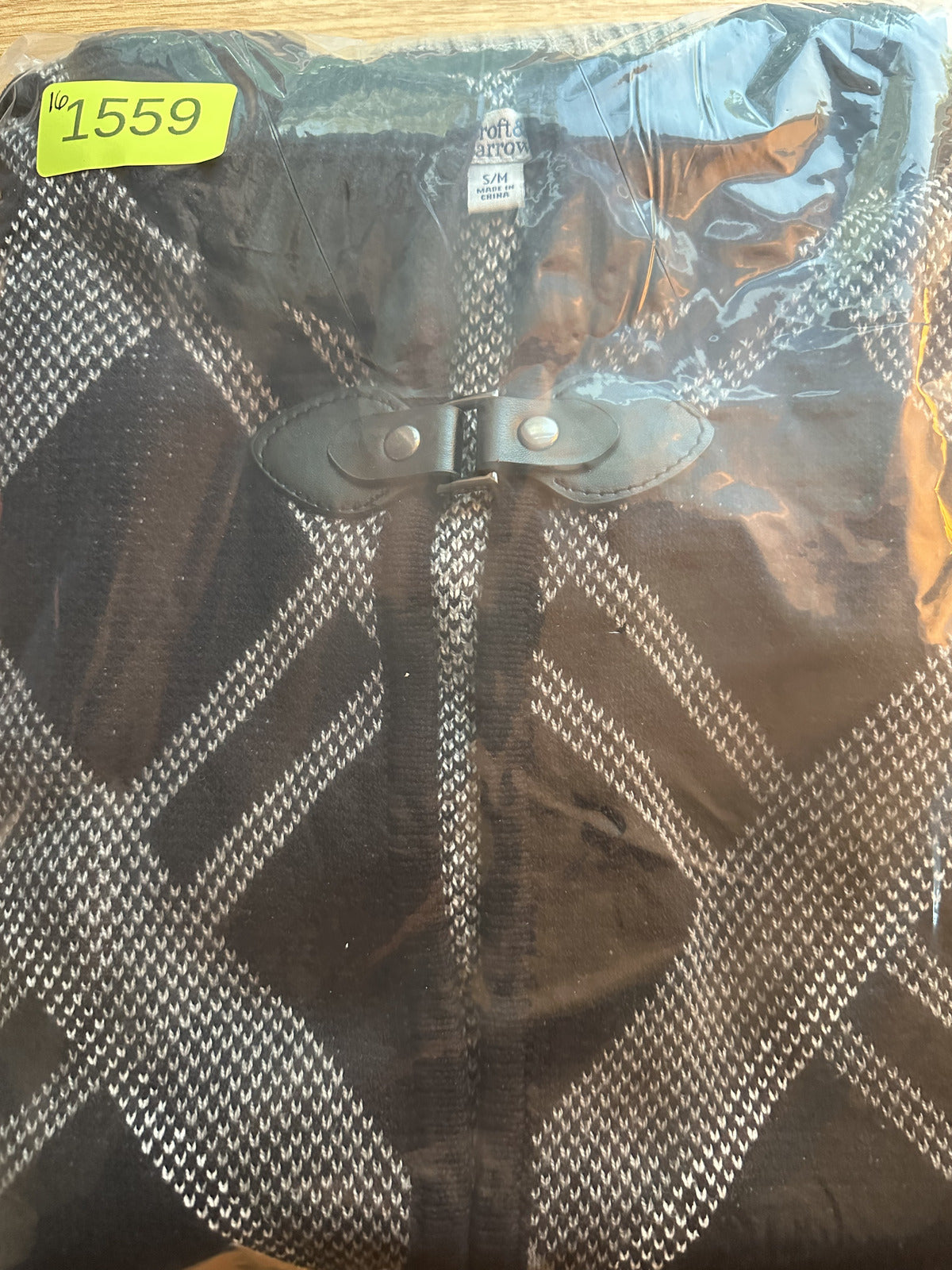 Croft & Barrow Black and Gray Plaid Poncho Cape Sweater with Faux Leather Toggle