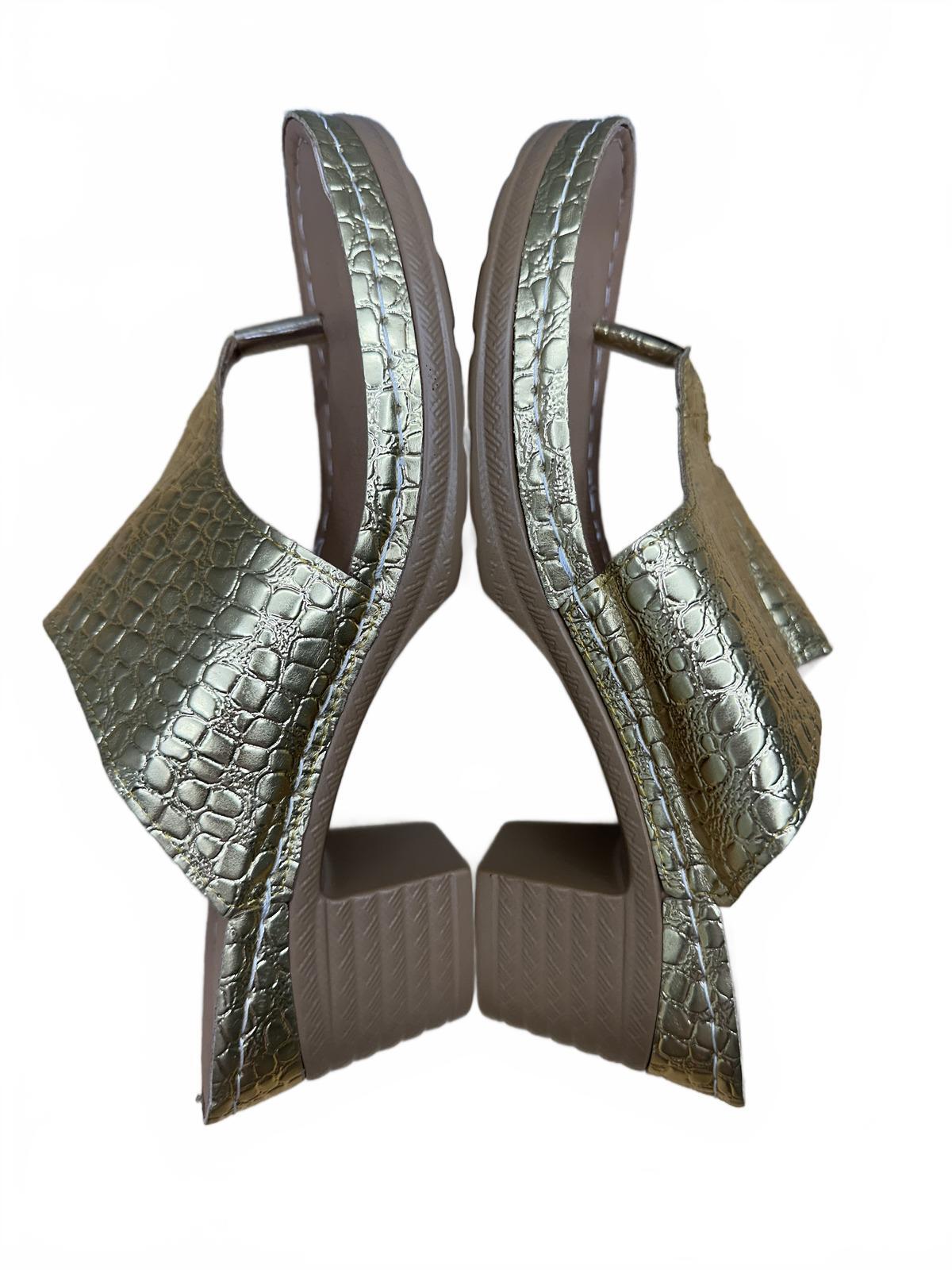 Stylish Gold Croc Embossed Heeled Sandals