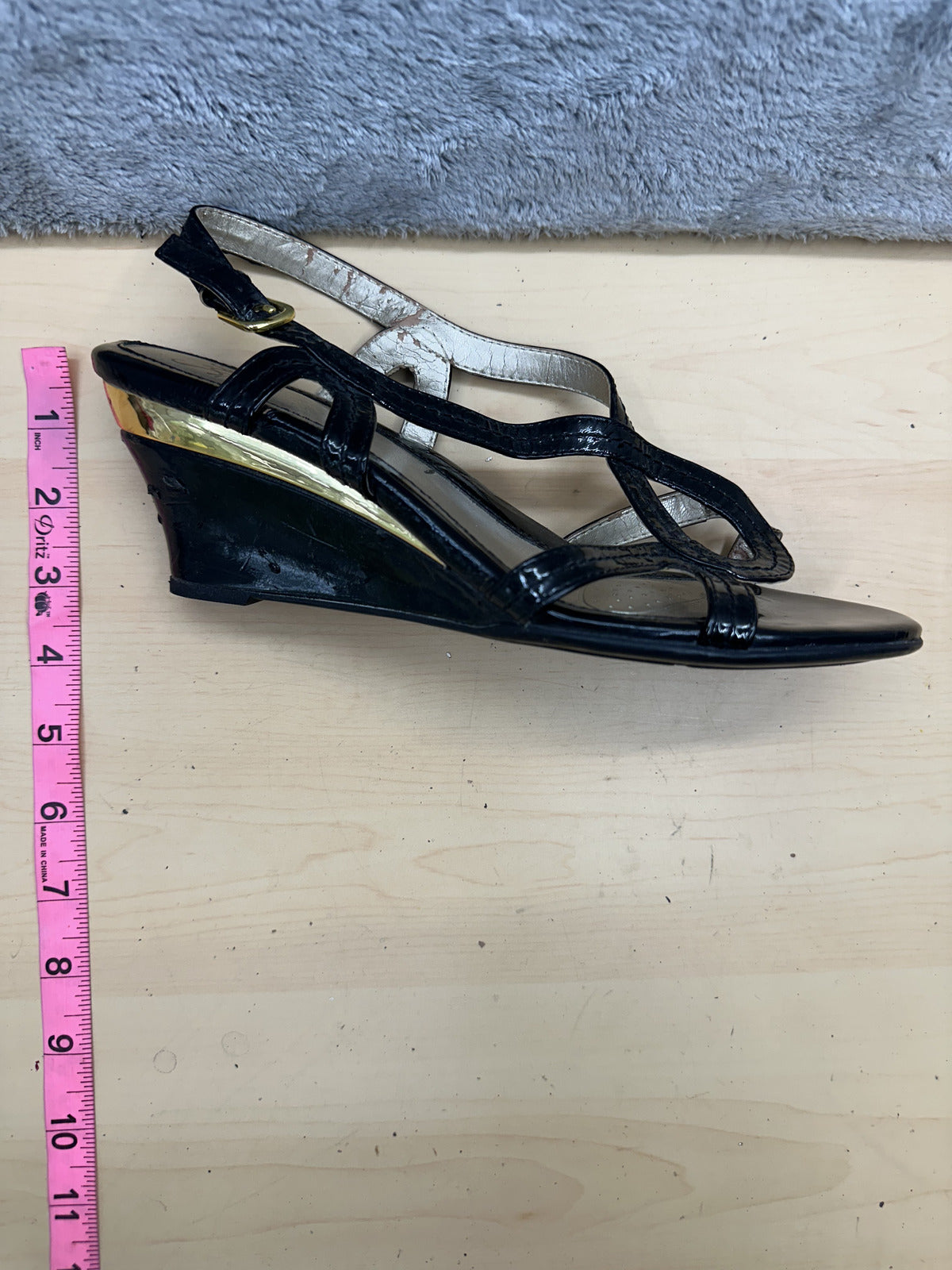 Sofft Black Patent Leather Strappy Wedge Sandals