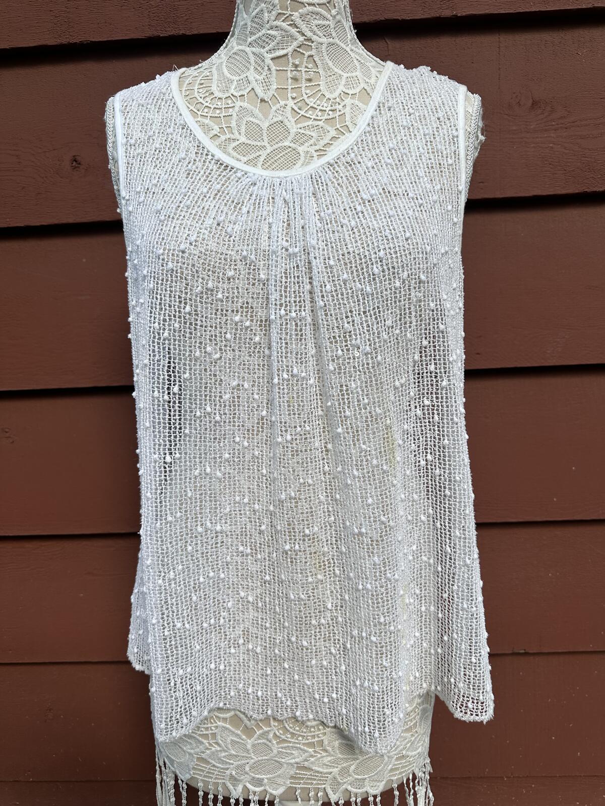 Y2K Fairycore Mesh Tank Top with Silver Sequins Sleeveless White
