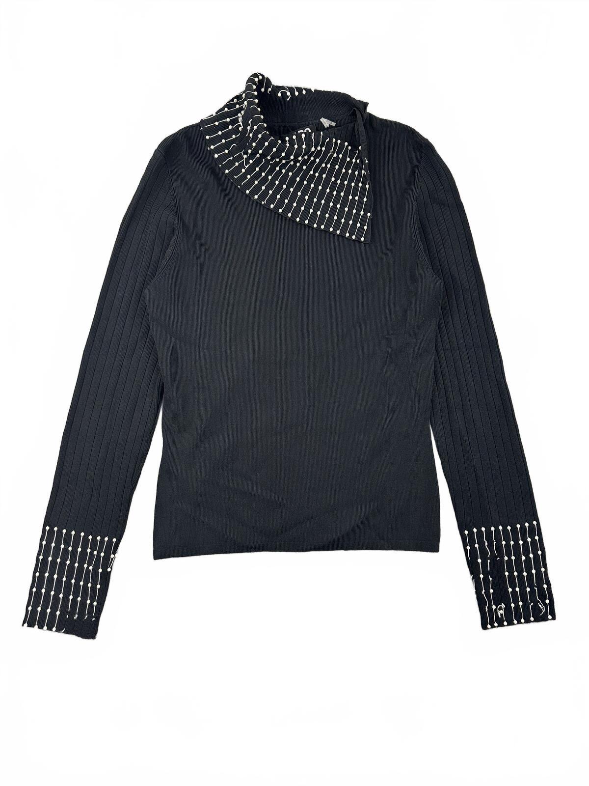 CABO Black Beaded Mock Neck Long Sleeve Top Y2K Glam Statement