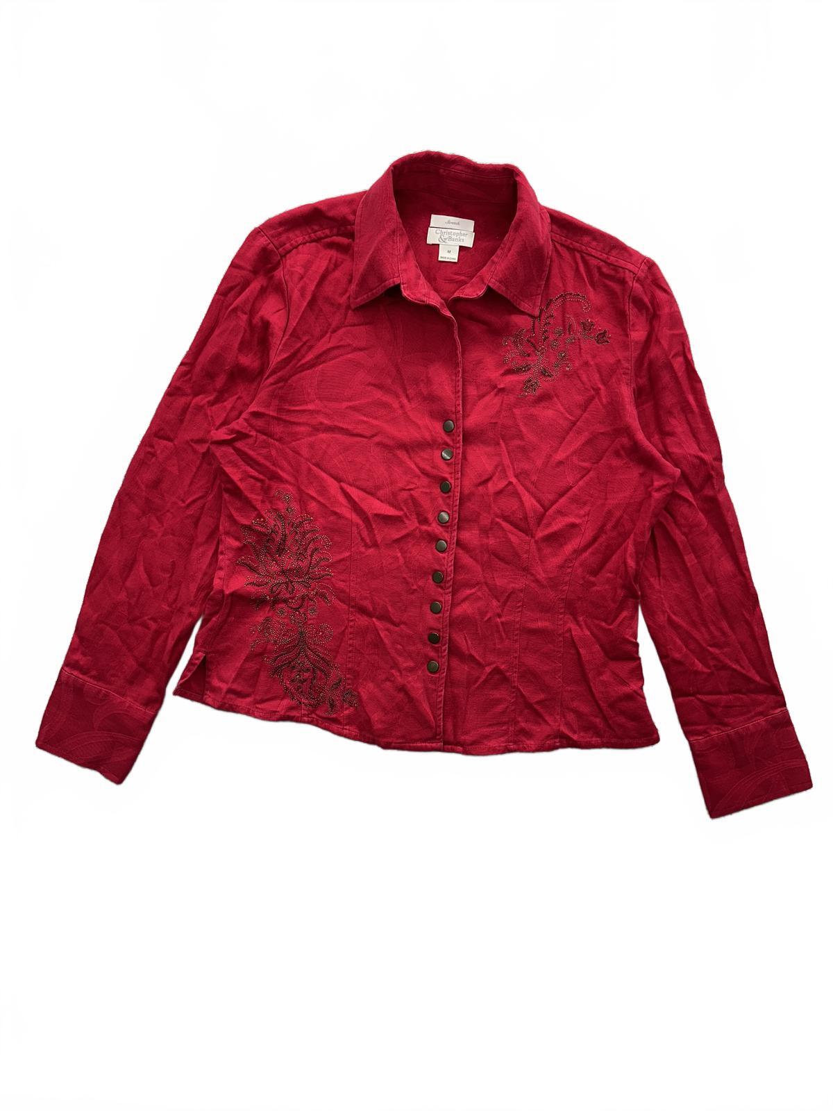 Christopher & Banks Red Embroidered Stretch Button Up Blouse