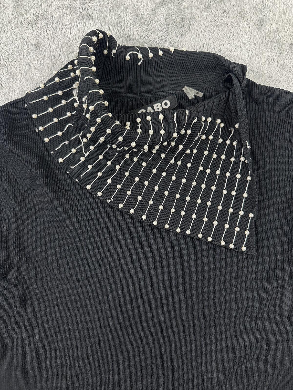 CABO Black Beaded Mock Neck Long Sleeve Top Y2K Glam Statement