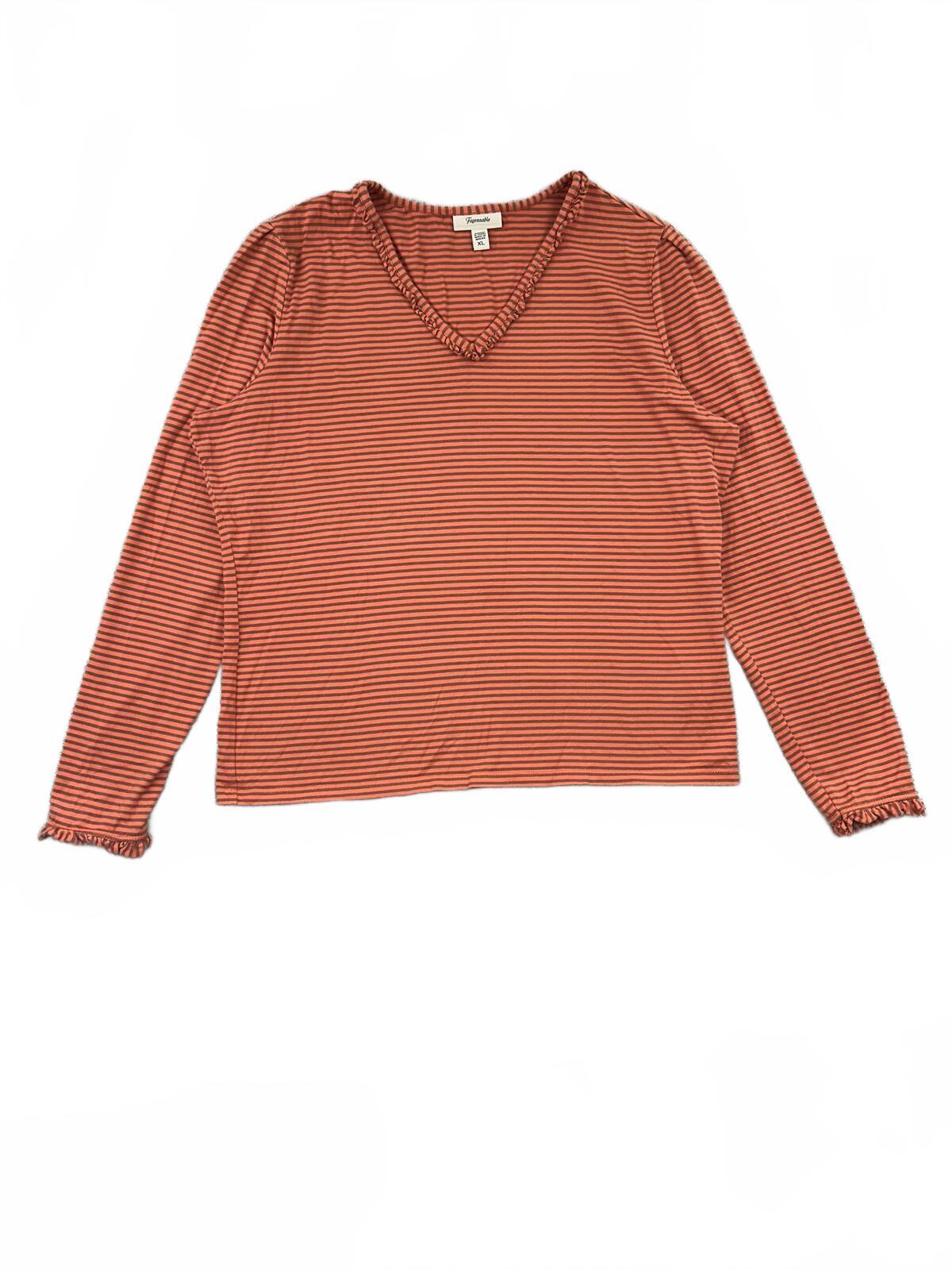 Faconnable Rust Striped V Neck Long Sleeve Cotton Top Retro Y2K Casual