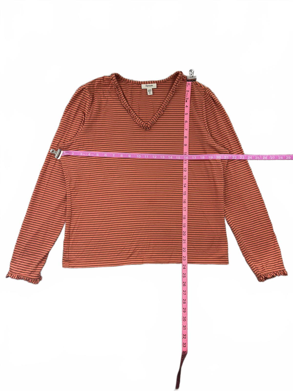 Faconnable Rust Striped V Neck Long Sleeve Cotton Top Retro Y2K Casual