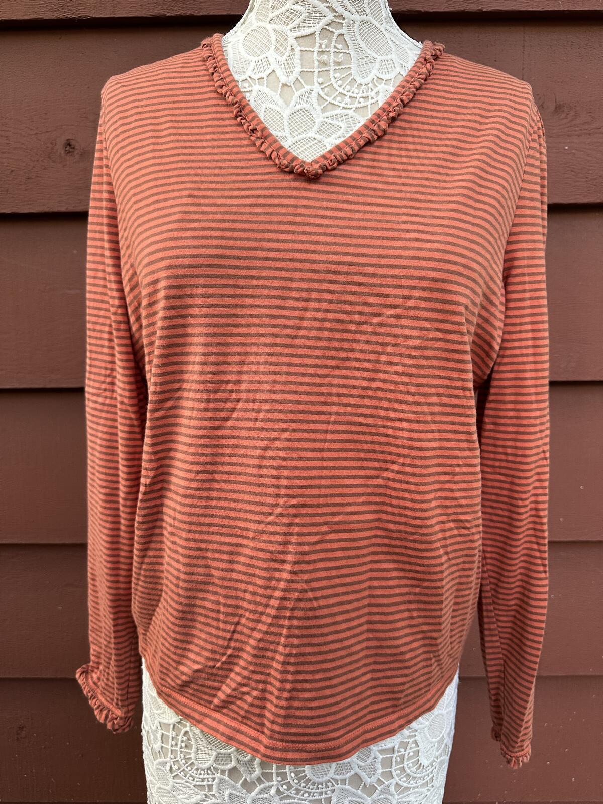 Faconnable Rust Striped V Neck Long Sleeve Cotton Top Retro Y2K Casual