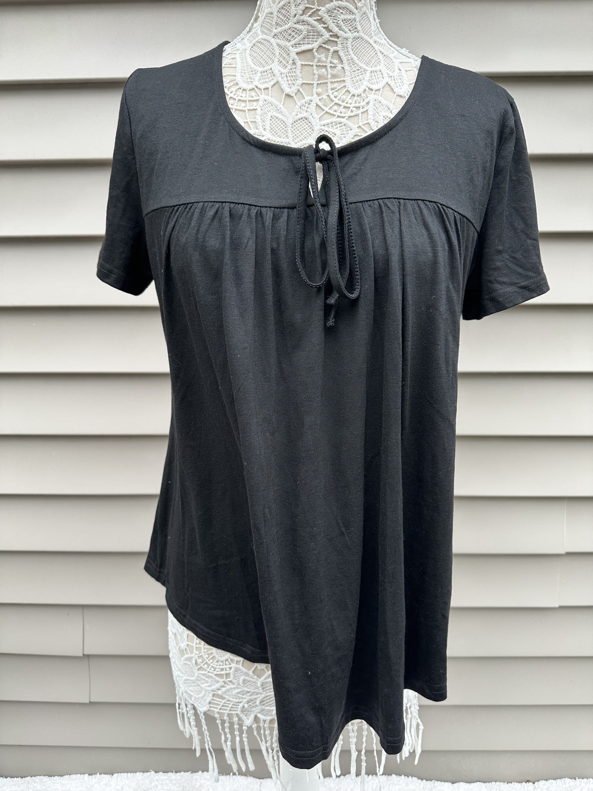 Black Short Sleeve Tie Neck Top