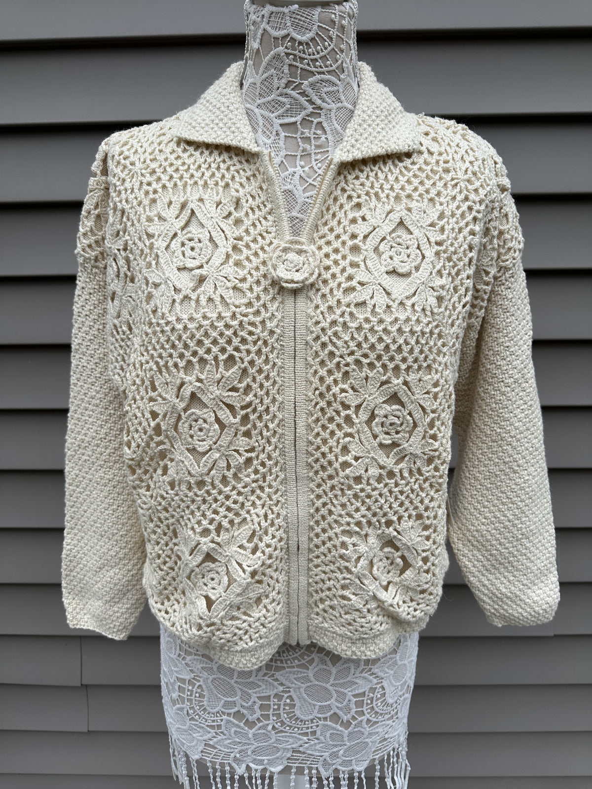 NWT Michael Seroy Vintage Crochet Knit Cardigan Sweater Cream