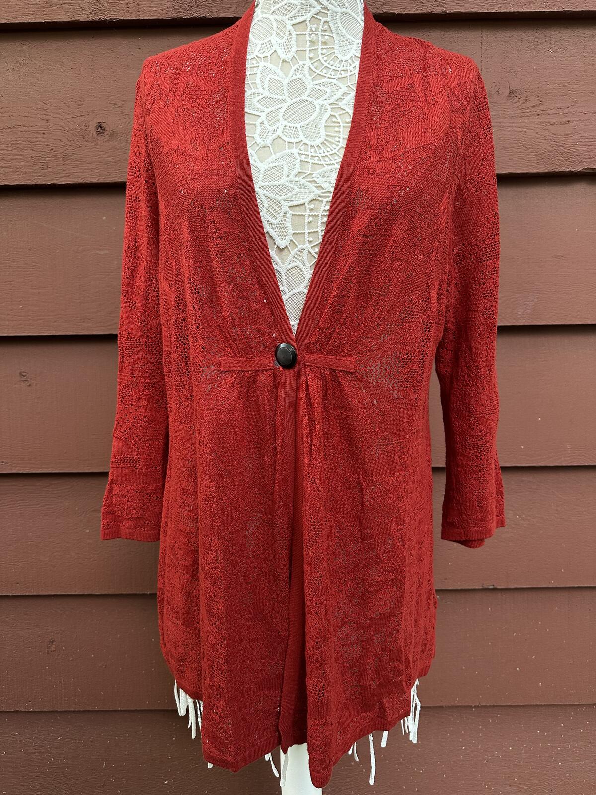 Nic + Zoe Red Open Front Textured Knit Cardigan Boho Lightweight Layering