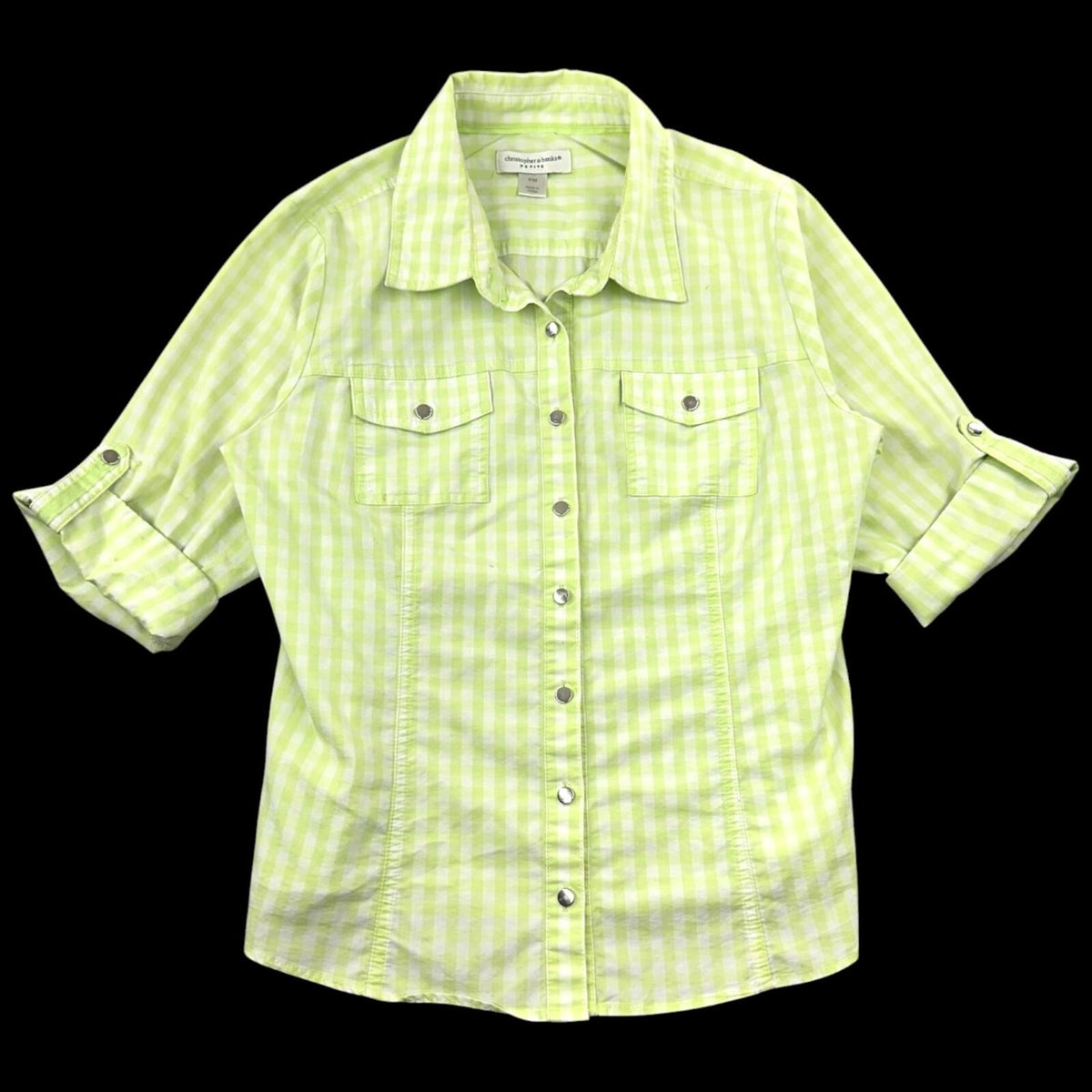 Christopher & Banks Lime Green White Gingham Button Up Shirt