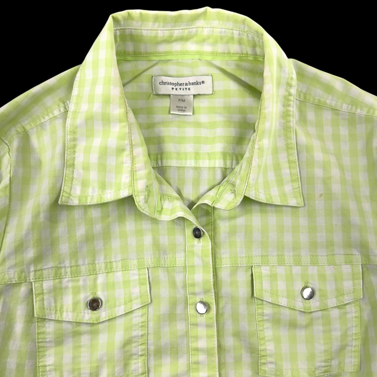 Christopher & Banks Lime Green White Gingham Button Up Shirt