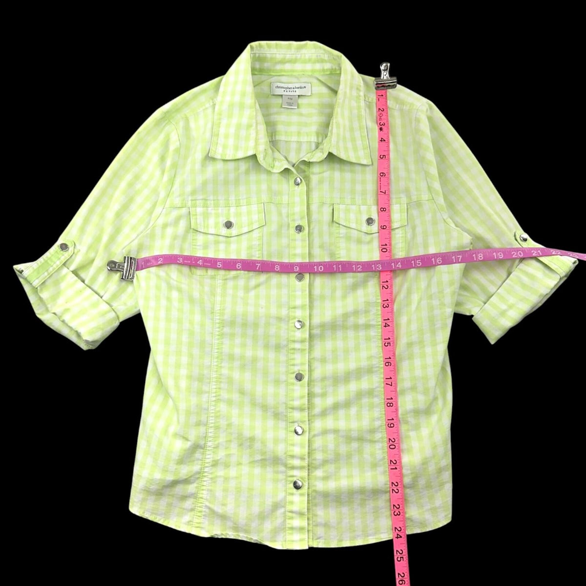 Christopher & Banks Lime Green White Gingham Button Up Shirt