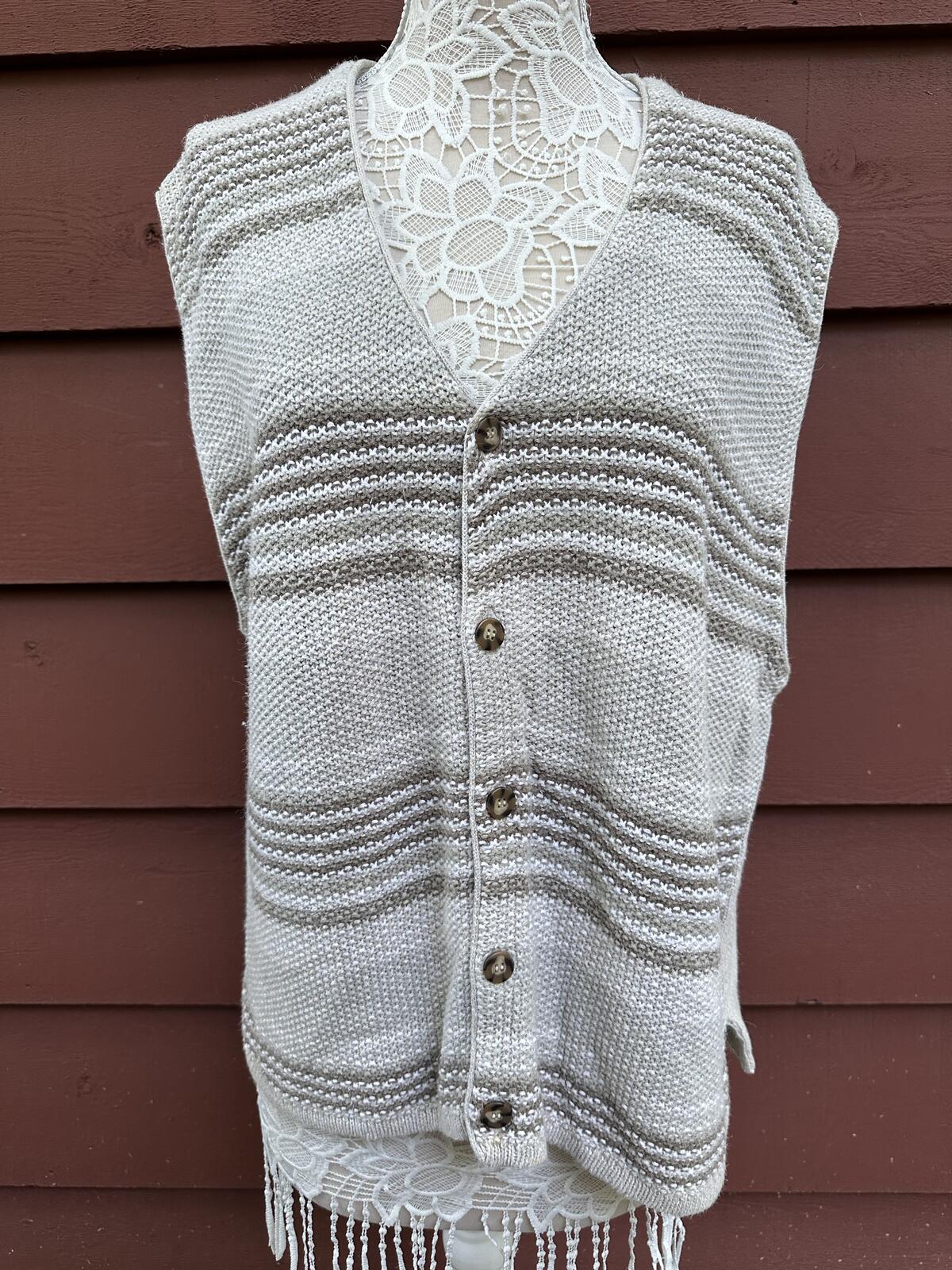 Sostanza Vintage Knit Sweater Vest Gray Taupe Striped Button Front