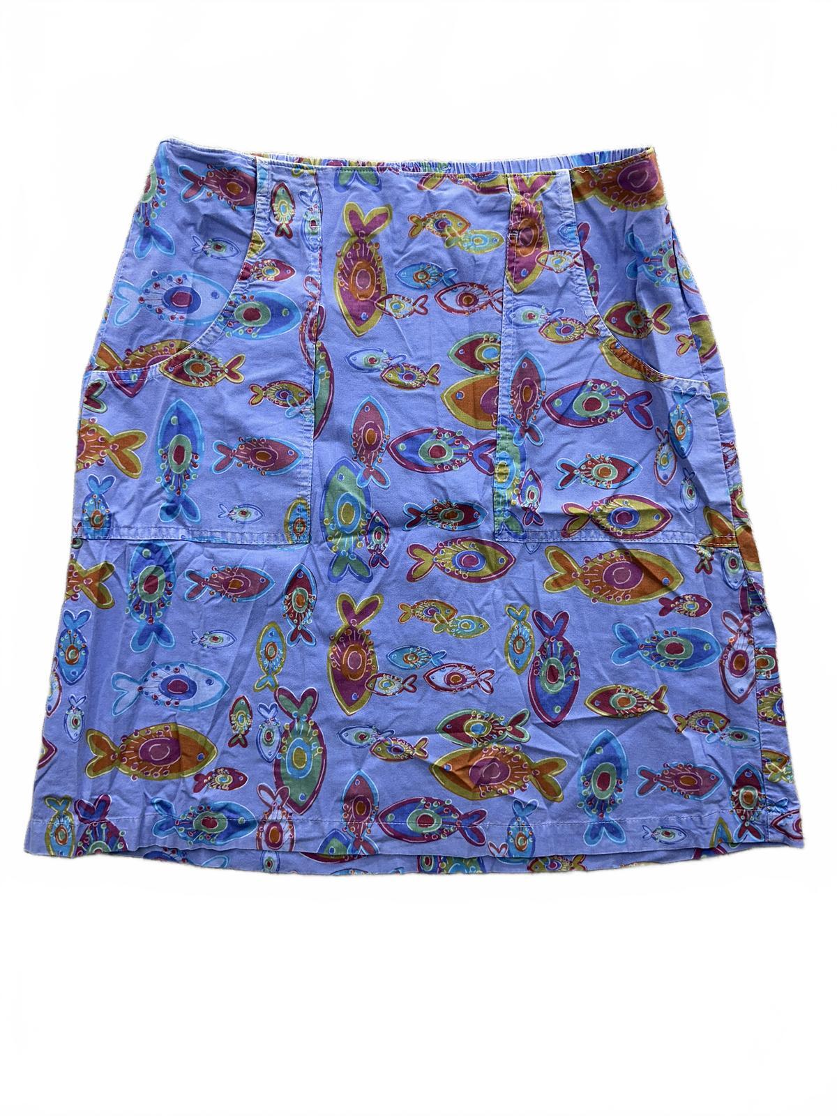 Blue Fish Print Skirt Elastic Waistband Casual Whimsical