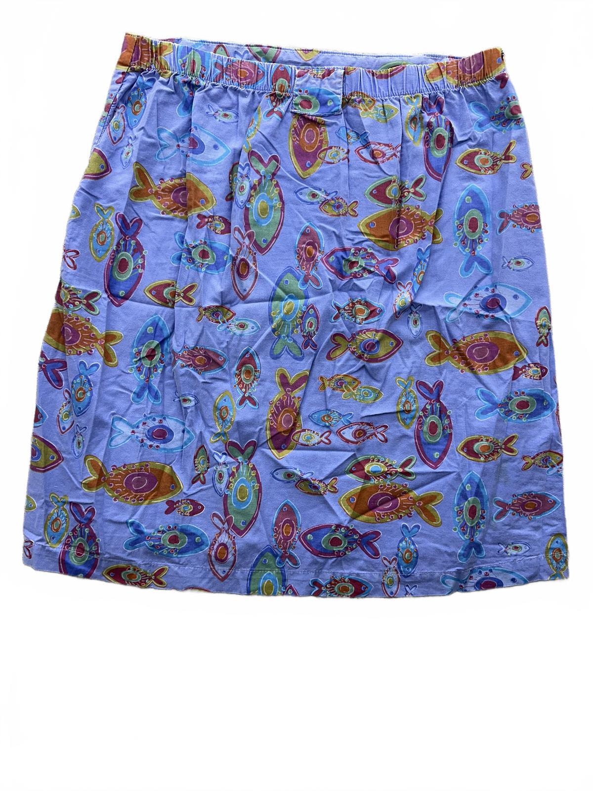 Blue Fish Print Skirt Elastic Waistband Casual Whimsical