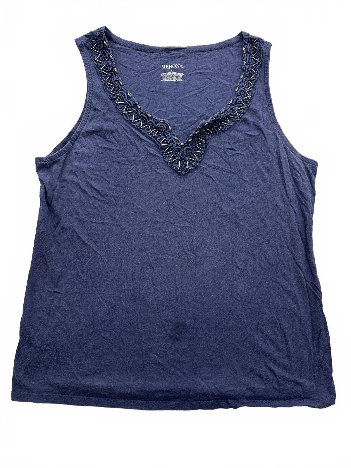Merona Navy Blue Beaded V Neck Tank Top Casual Summer Cotton Shirt