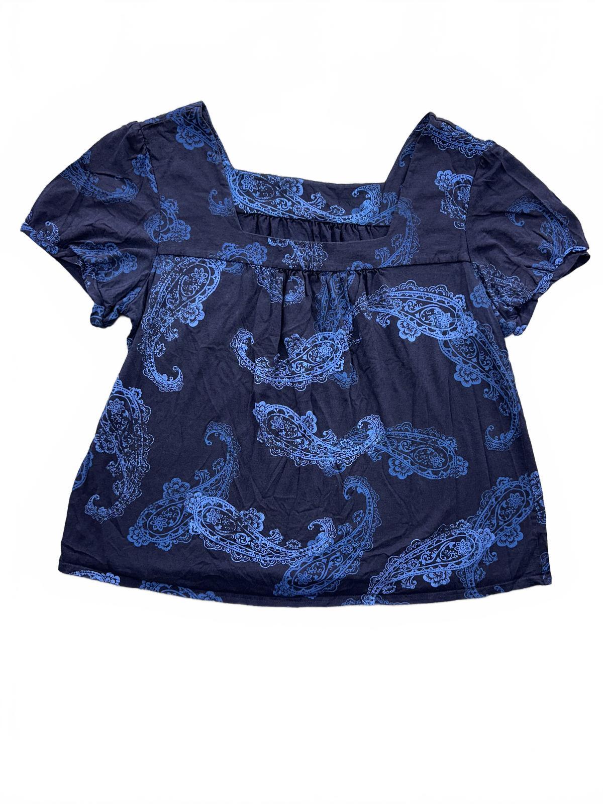 Vintage Blue Paisley Blouse Square Neck Puff Sleeve