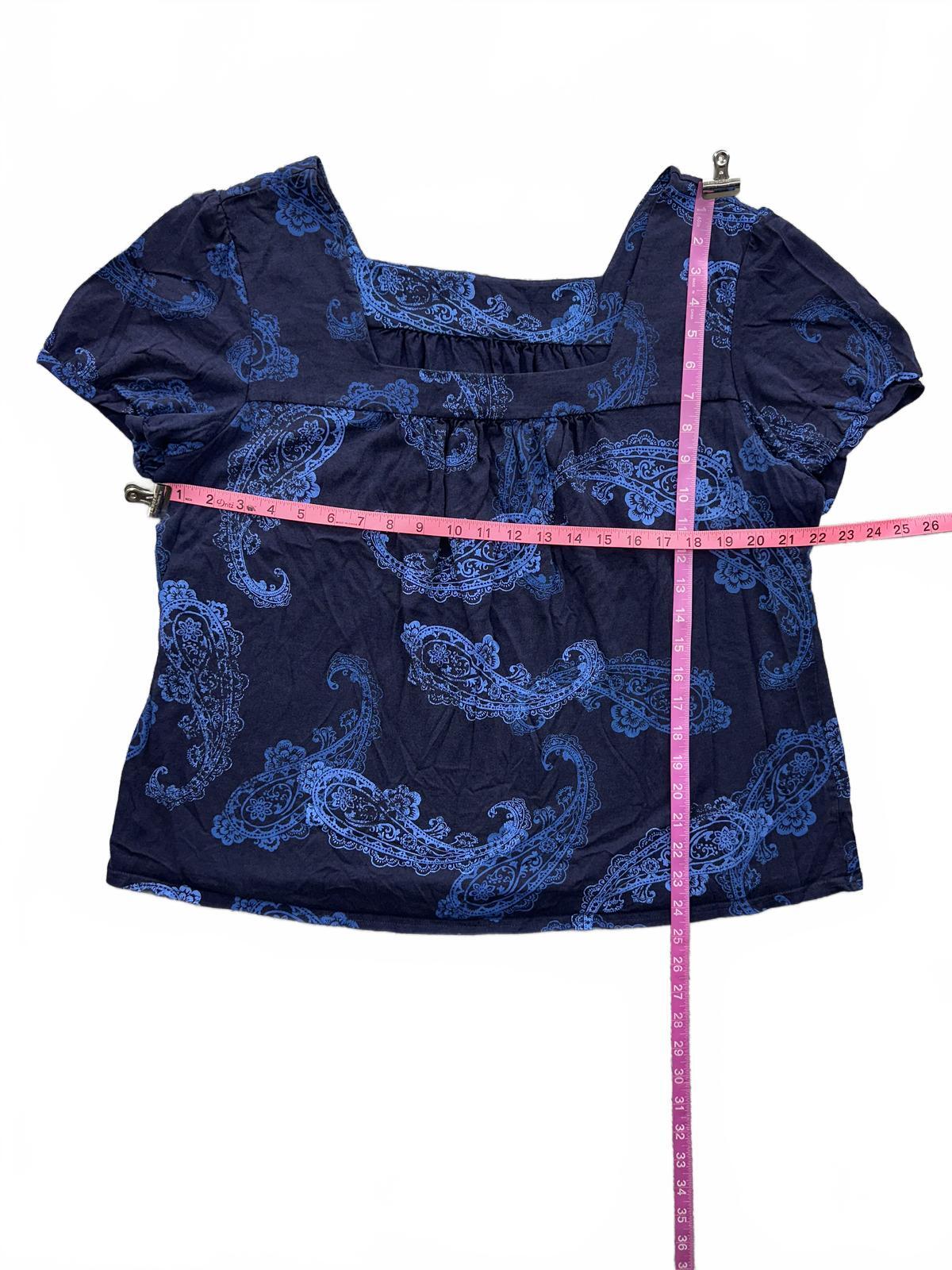 Vintage Blue Paisley Blouse Square Neck Puff Sleeve