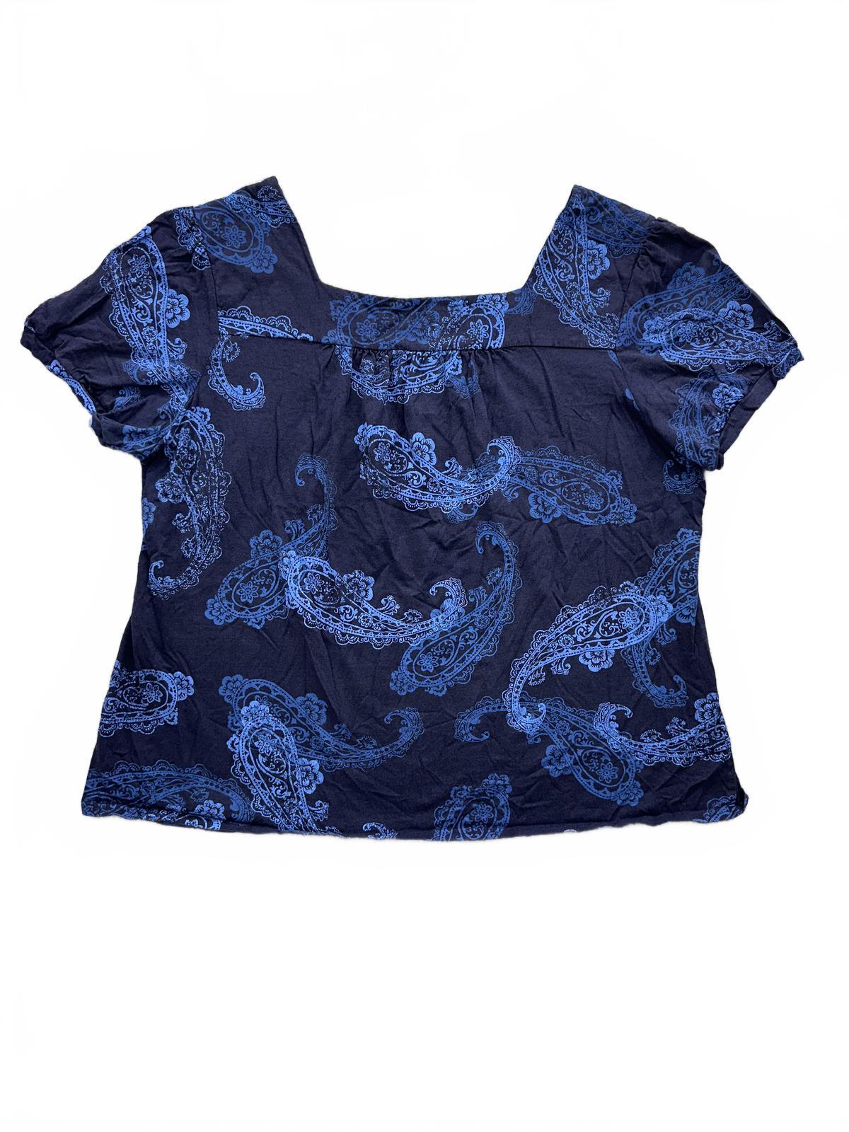 Vintage Blue Paisley Blouse Square Neck Puff Sleeve
