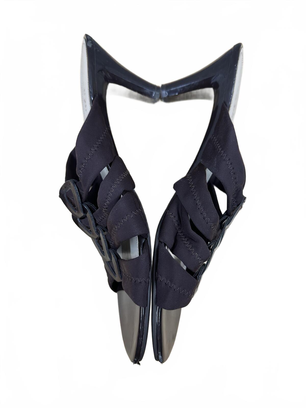 East 5th Black Ruched Mule Heeled Sandals Y2K Party Glam Open Toe Kitten Heel