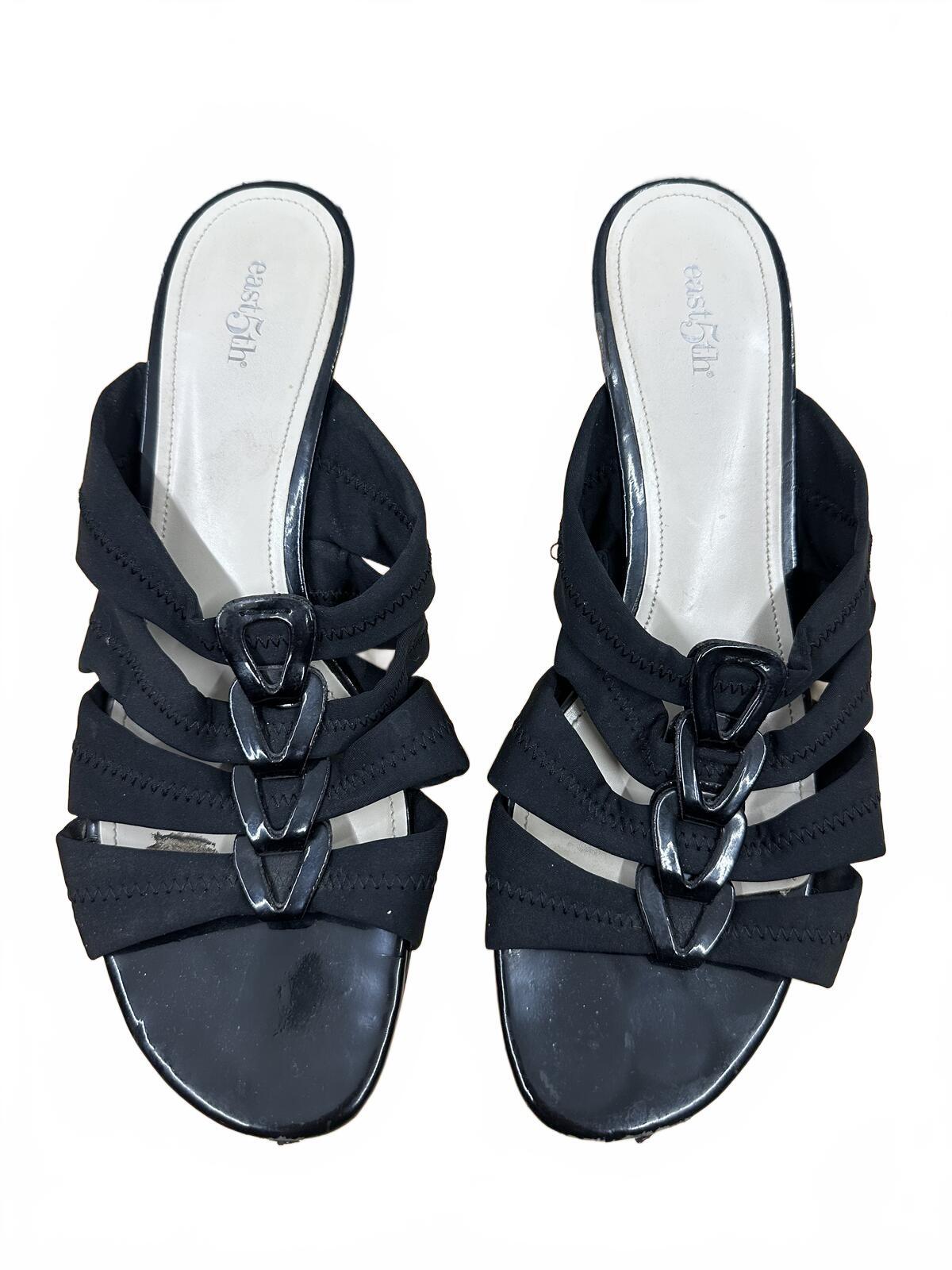 East 5th Black Ruched Slingback Mule Heels Y2K Contemporary Party Sandals