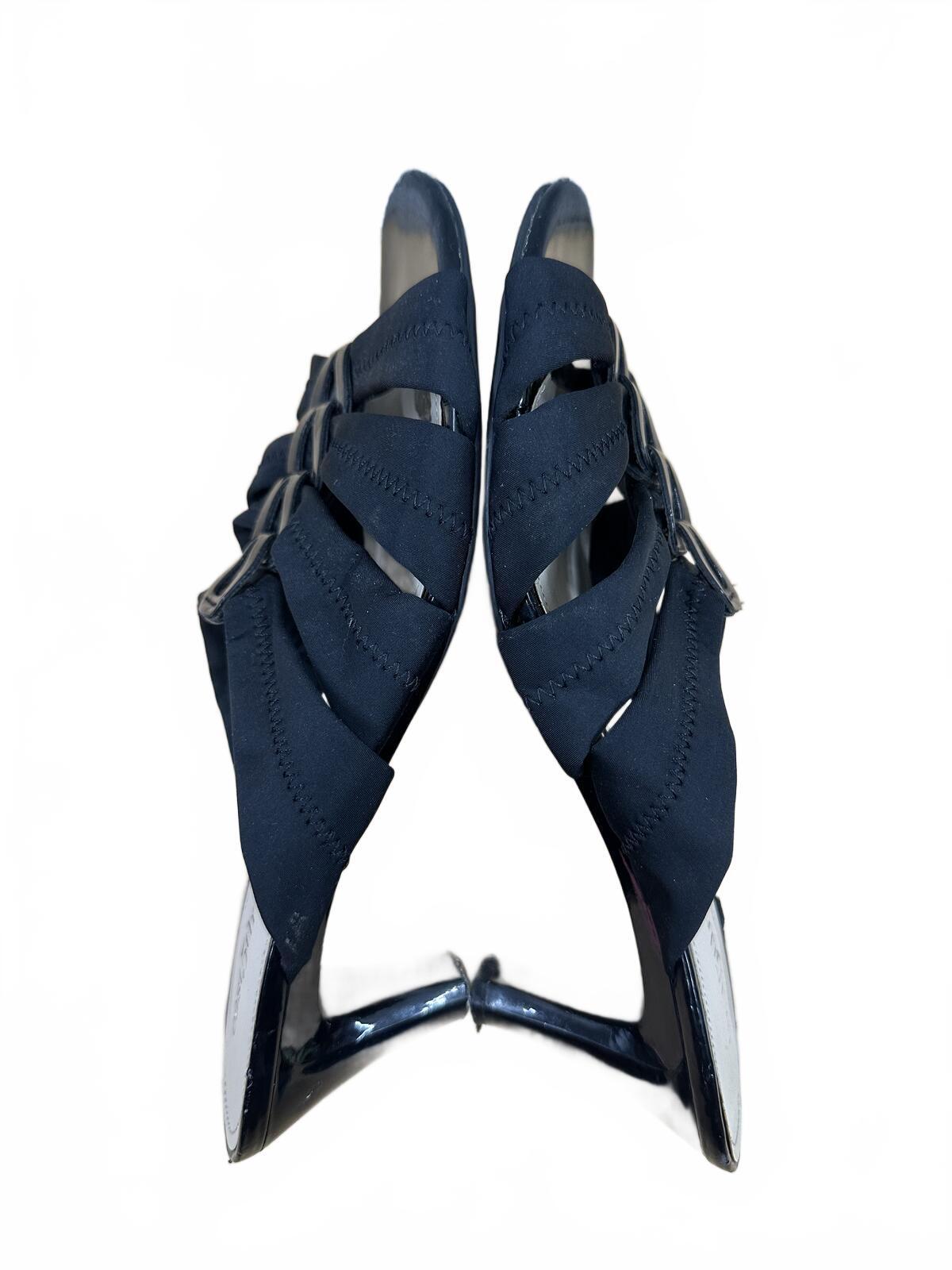 East 5th Black Ruched Slingback Mule Heels Y2K Contemporary Party Sandals