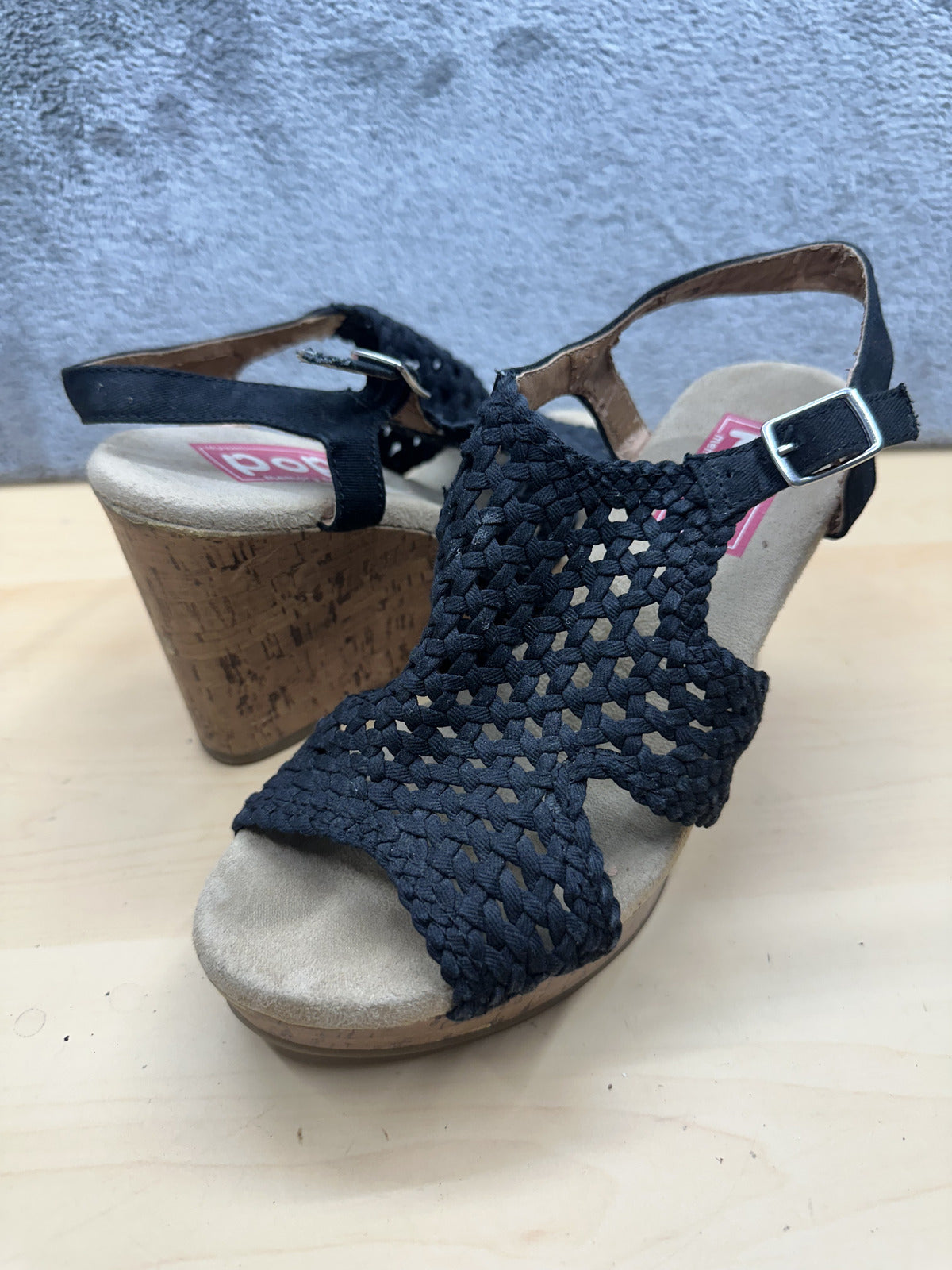 Pop Black Woven Cork Wedge Sandals