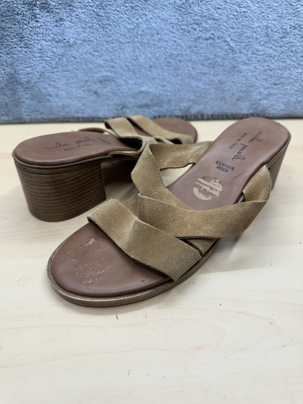 Mila Paoli Beige Suede Strappy Block Heel Sandals
