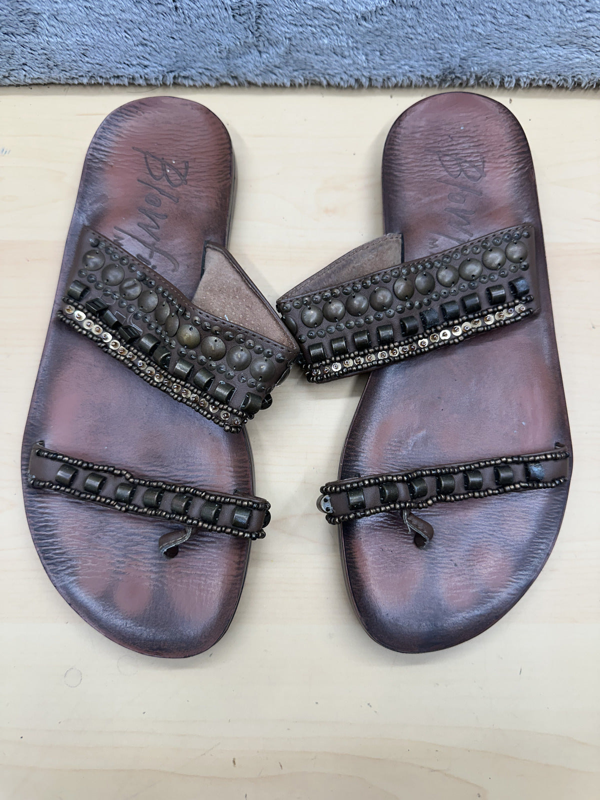 Blowfish Brown Embellished Slide Sandals Bohemian Beaded Studded Flat