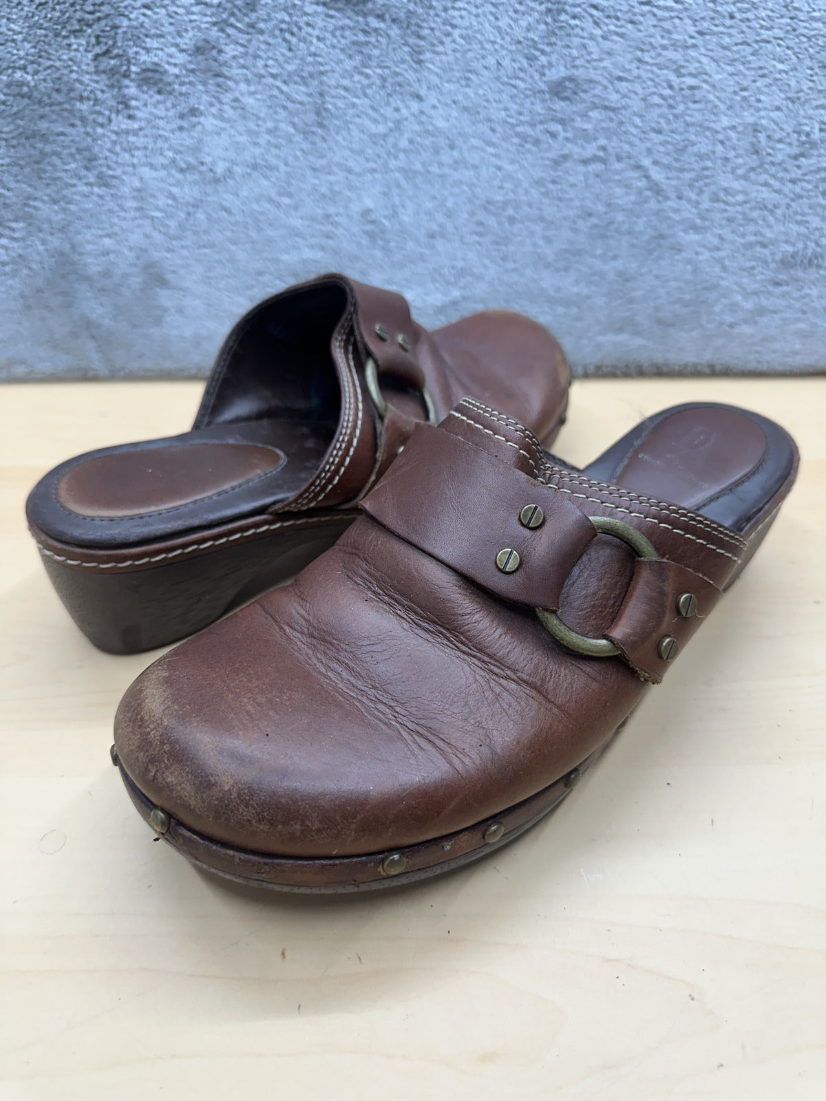 Etienne Aignar Brown Leather Clog Mules Vintage Boho Wooden Wedge Shoes